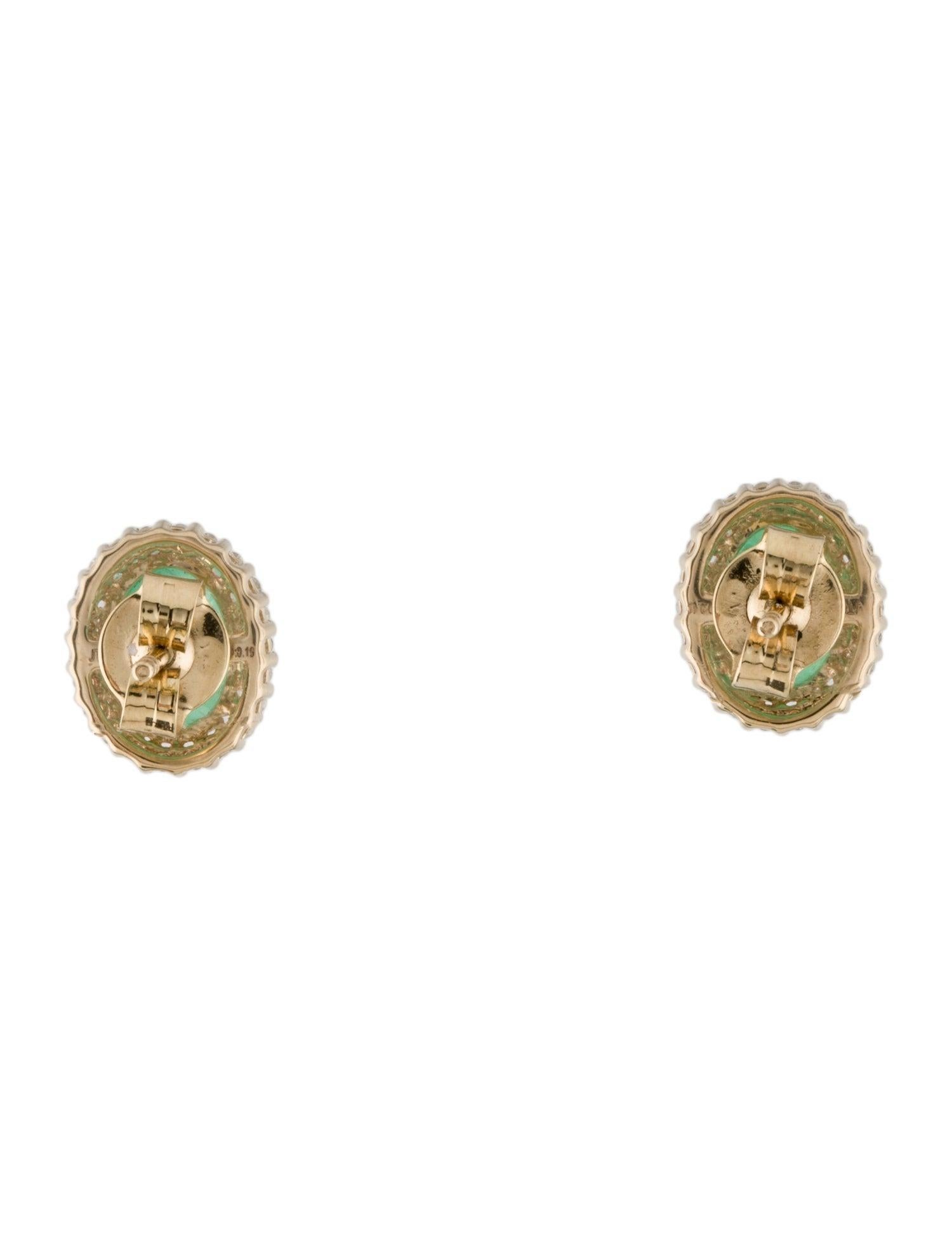 Single Cut 14K Yellow Gold Stud Earrings with Oval Emerald & Near Colorless Diamonds For Sale