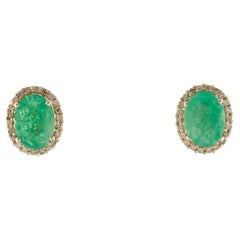 14K Yellow Gold Stud Earrings with Oval Emerald & Near Colorless Diamonds