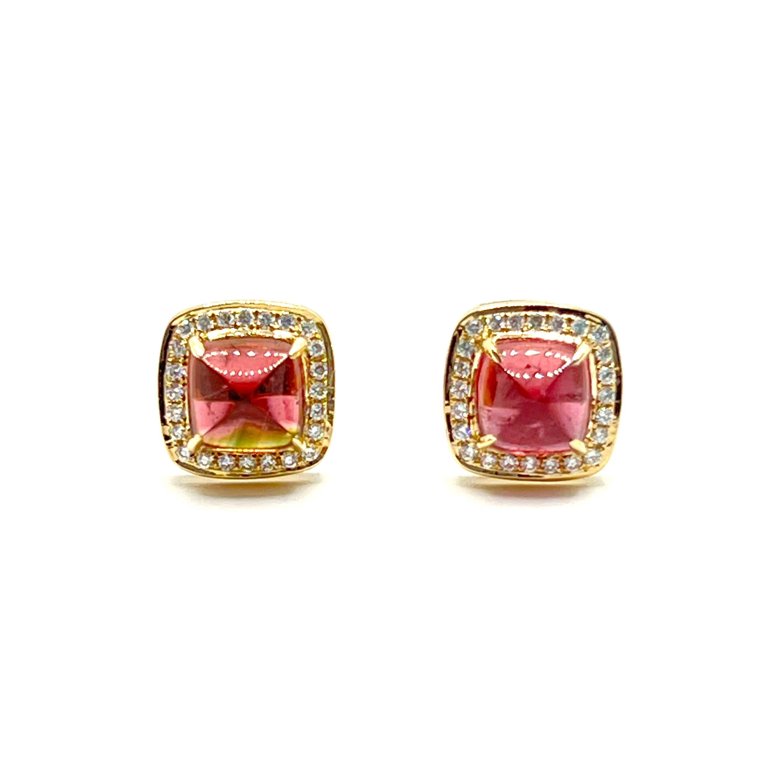 Stunning handcrafted sugarloaf pink tourmaline and diamond stud earrings.

Handcrafted from 14k yellow gold, the earrings features beautiful 2.76 carats sugarloaf cushion pink tourmaline and .22 carats of diamonds! Straight post with large friction