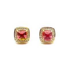 14k Yellow Gold Sugarloaf Pink Tourmaline and Diamond Stud Earrings