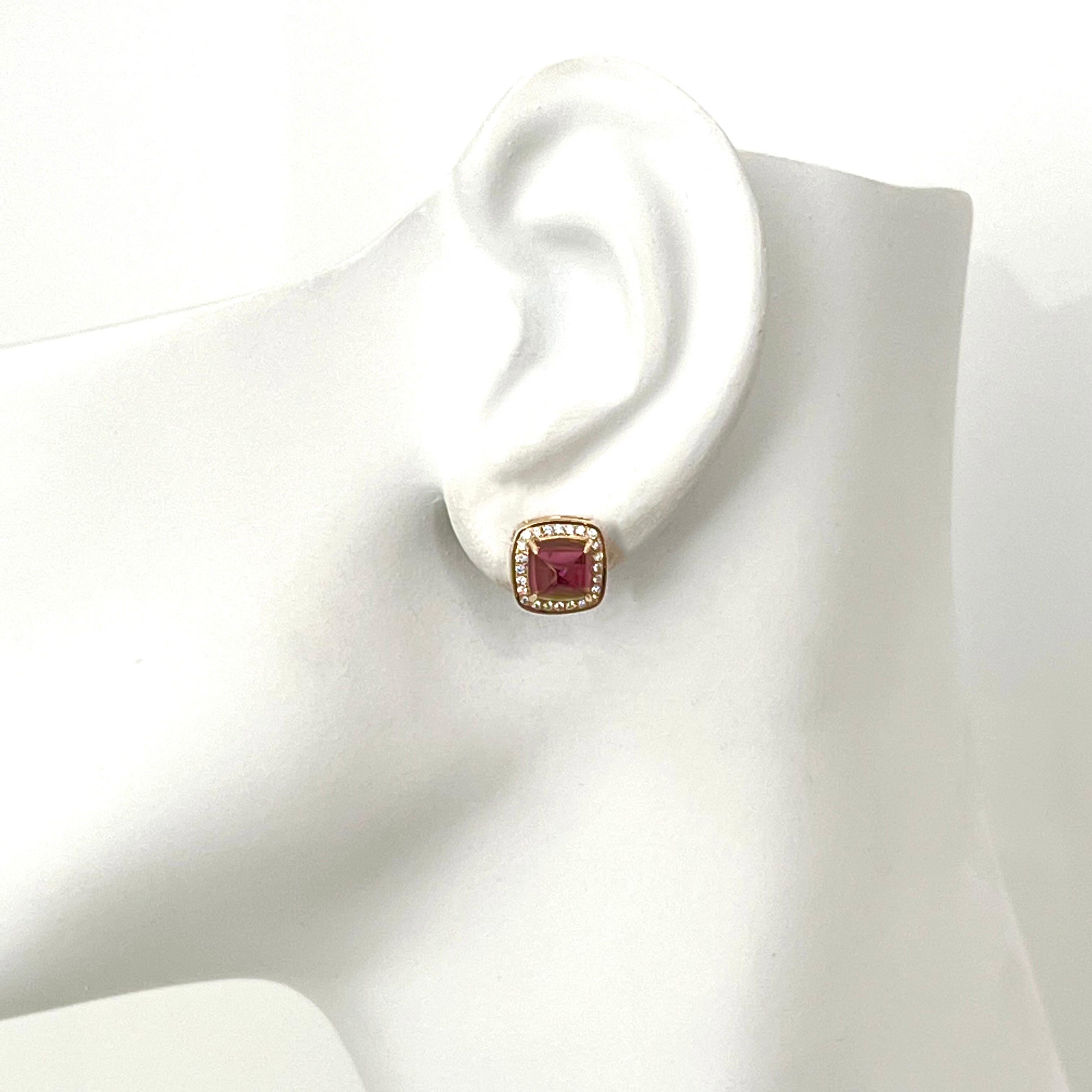 Contemporary 14k Yellow Gold Sugarloaf Pink Tourmaline and Diamond Stud Earrings For Sale