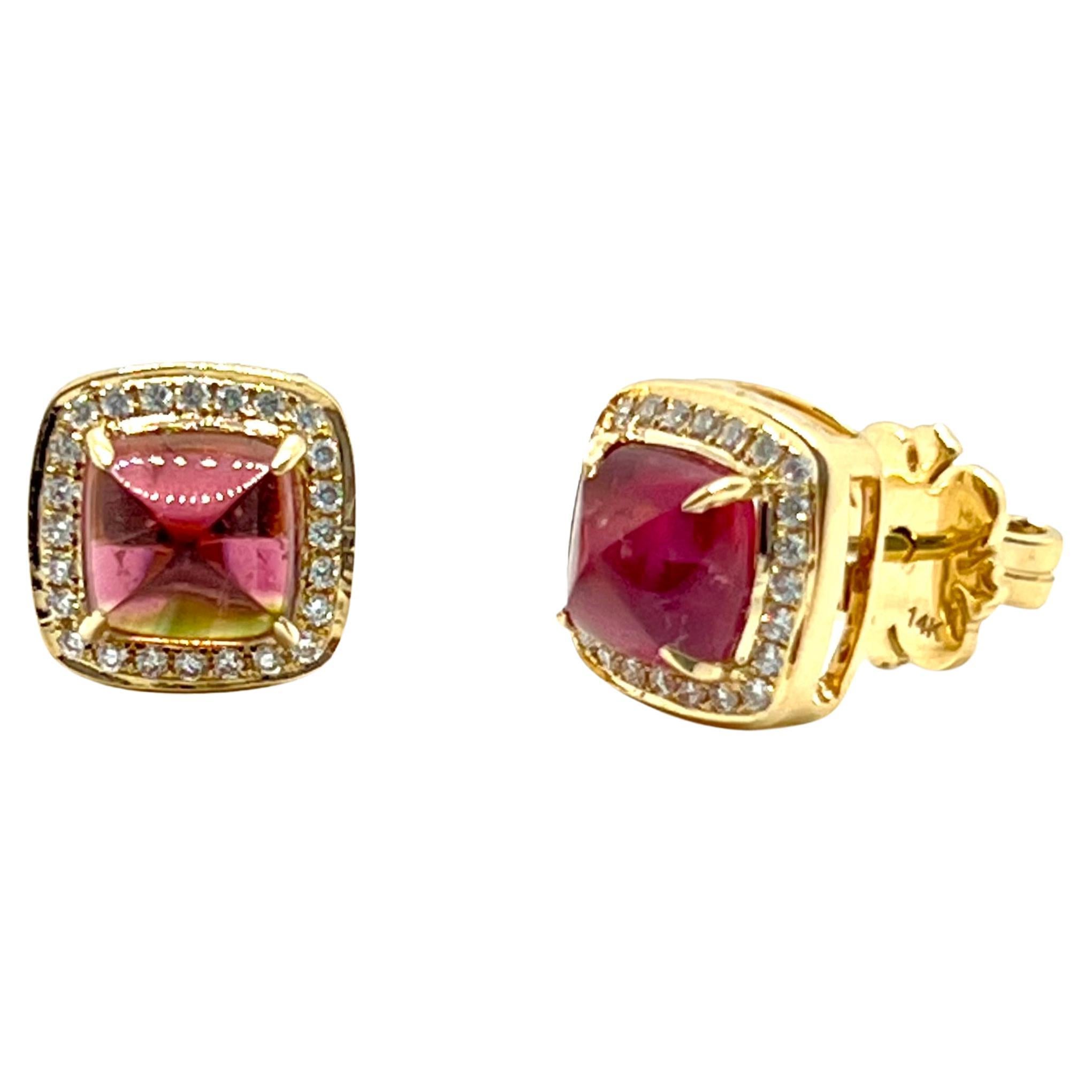 14k Yellow Gold Sugarloaf Pink Tourmaline and Diamond Stud Earrings For Sale