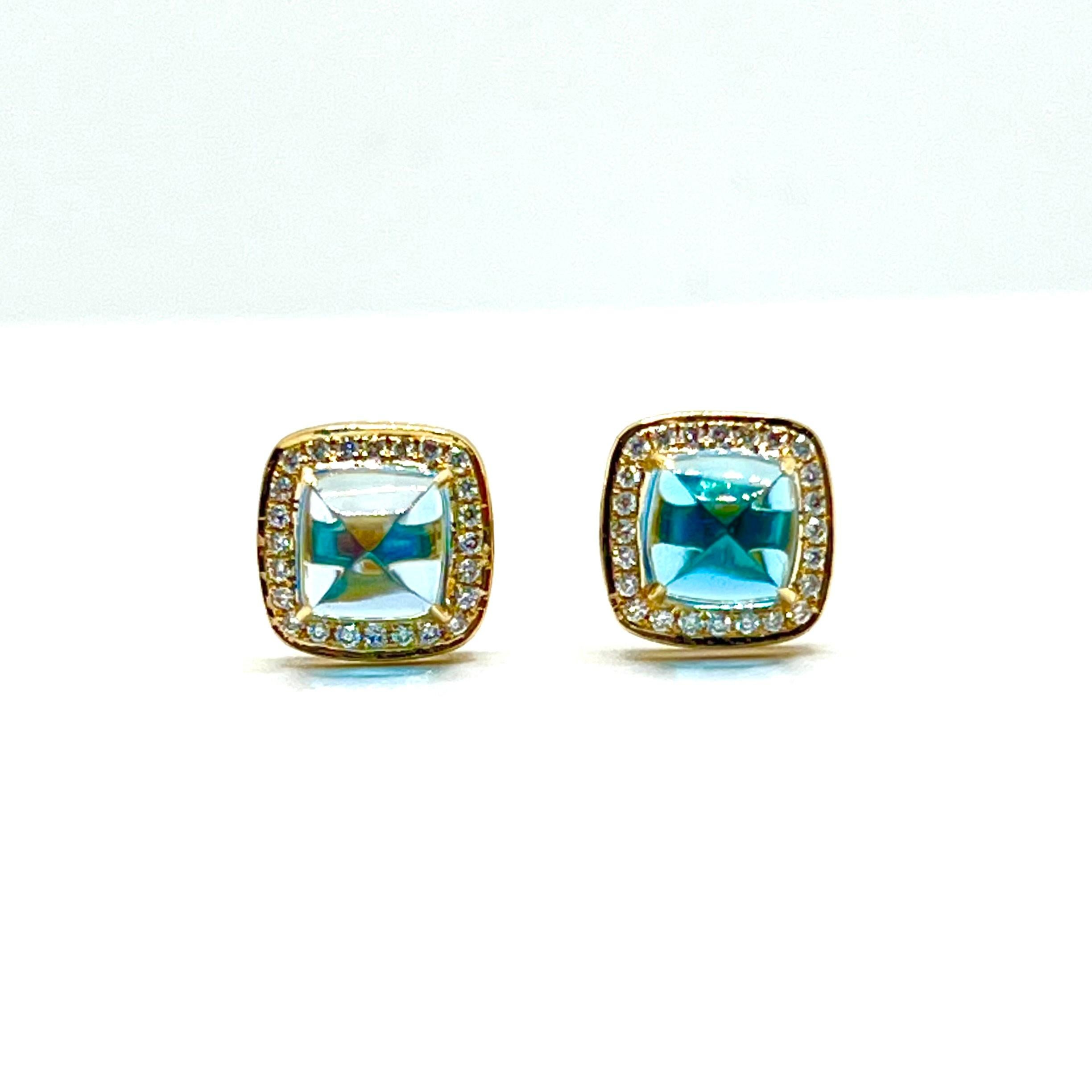 Stunning handcrafted sugarloaf Swiss blue topaz and diamond stud earrings.

Handcrafted from 14k yellow gold, the earrings features beautiful 3.85 carats sugarloaf cushion Swiss blue topaz and .22 carats of diamonds! Straight post with large