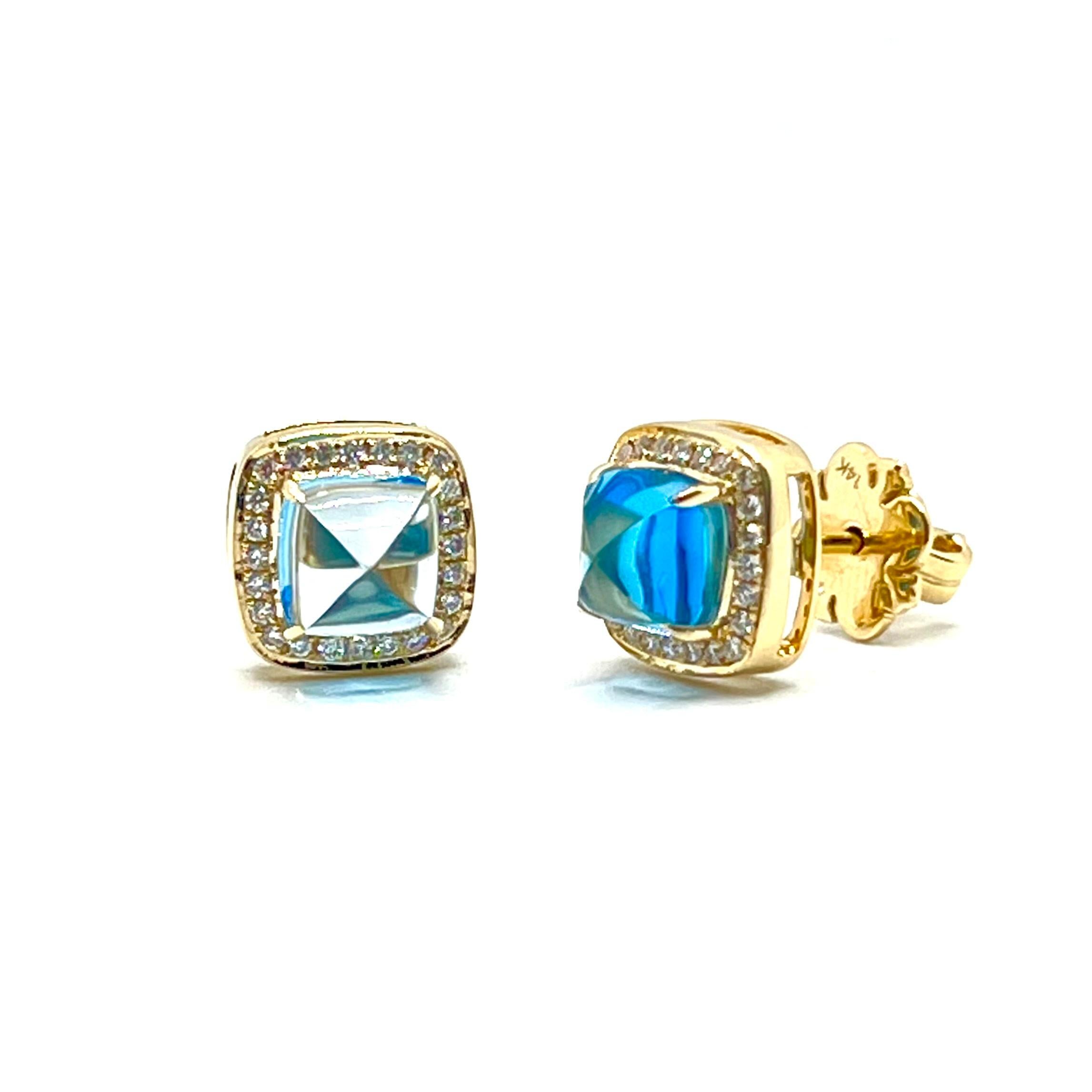 Contemporary 14k Yellow Gold Sugarloaf Swiss Blue Topaz and Diamond Stud Earrings For Sale