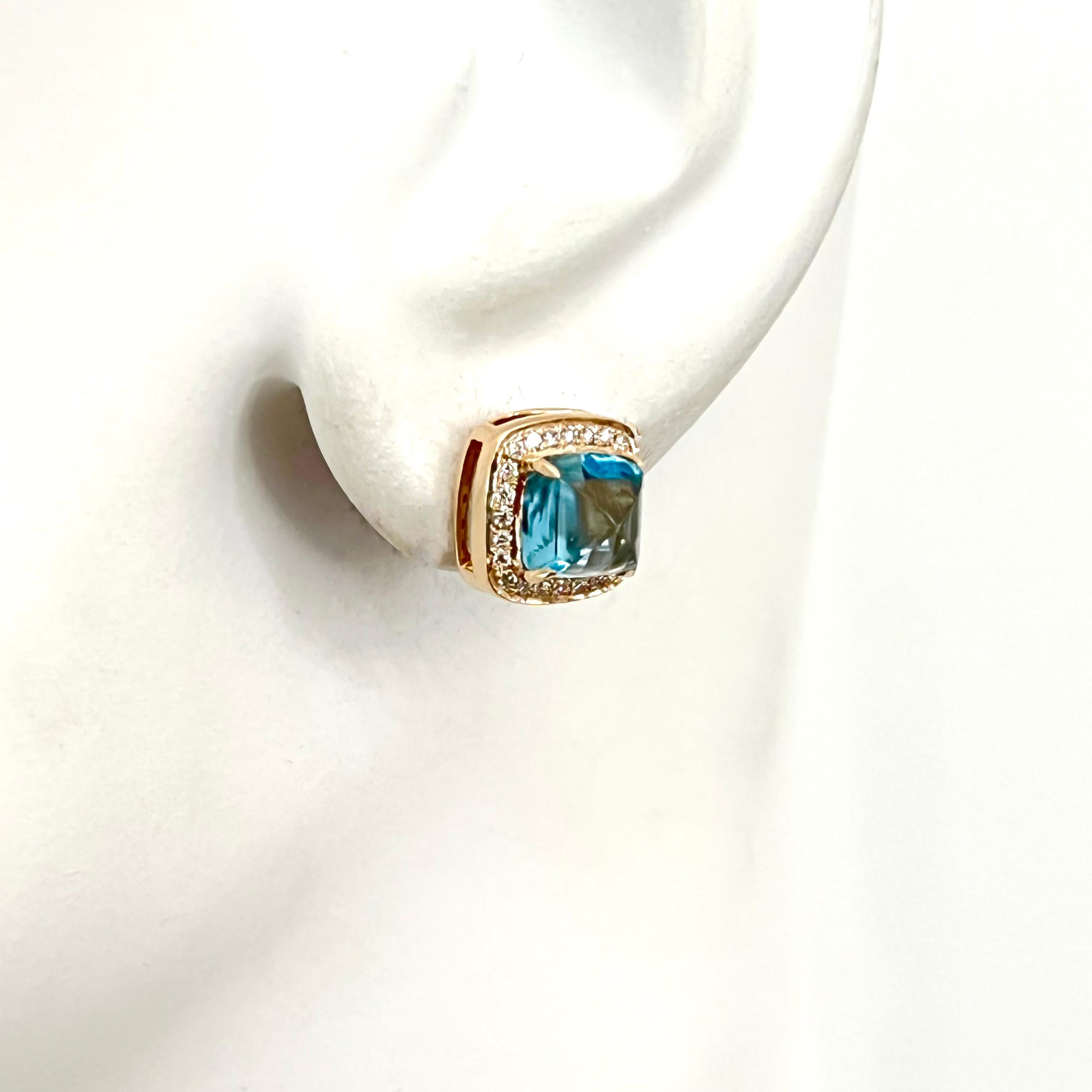 Women's or Men's 14k Yellow Gold Sugarloaf Swiss Blue Topaz and Diamond Stud Earrings For Sale