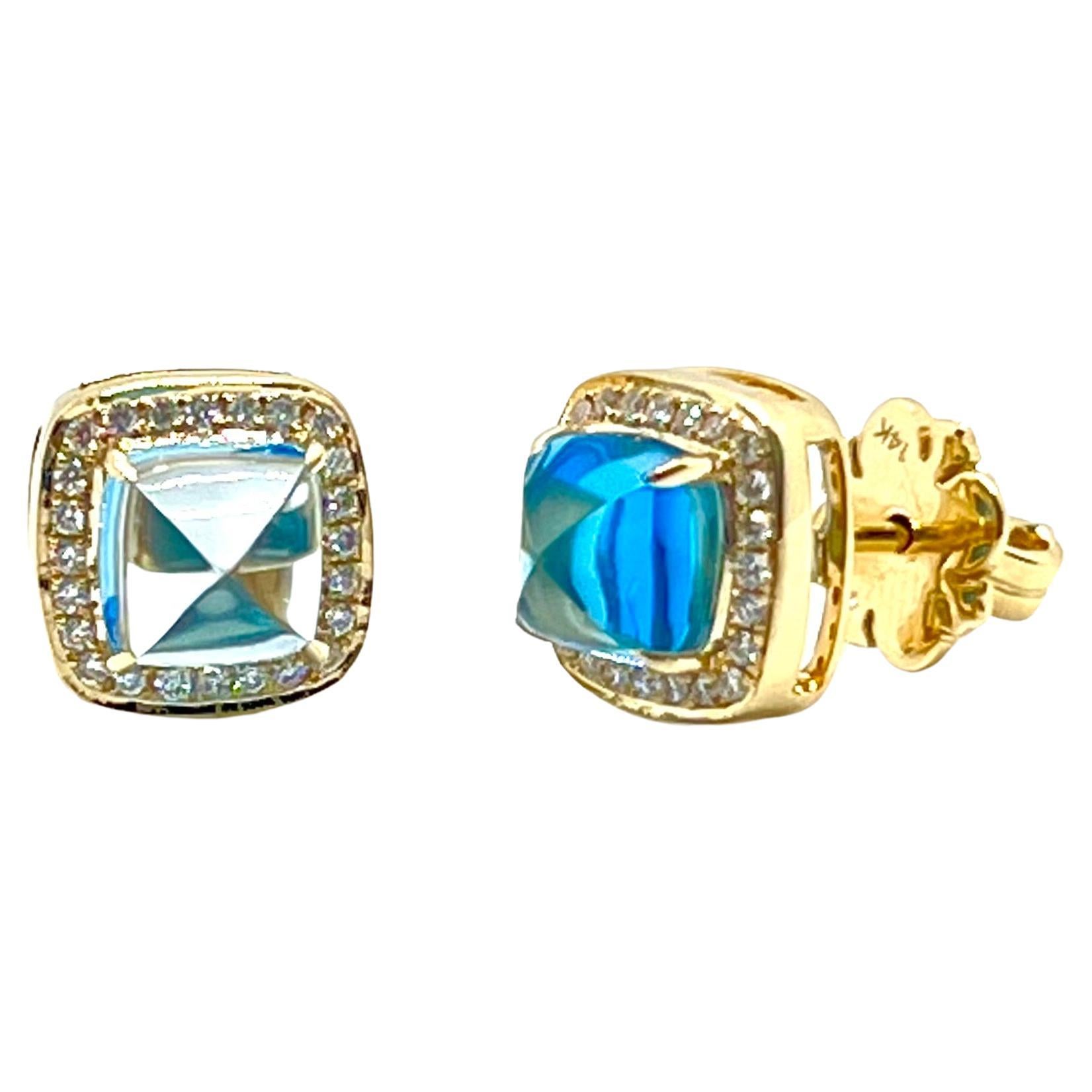 14k Yellow Gold Sugarloaf Swiss Blue Topaz and Diamond Stud Earrings For Sale