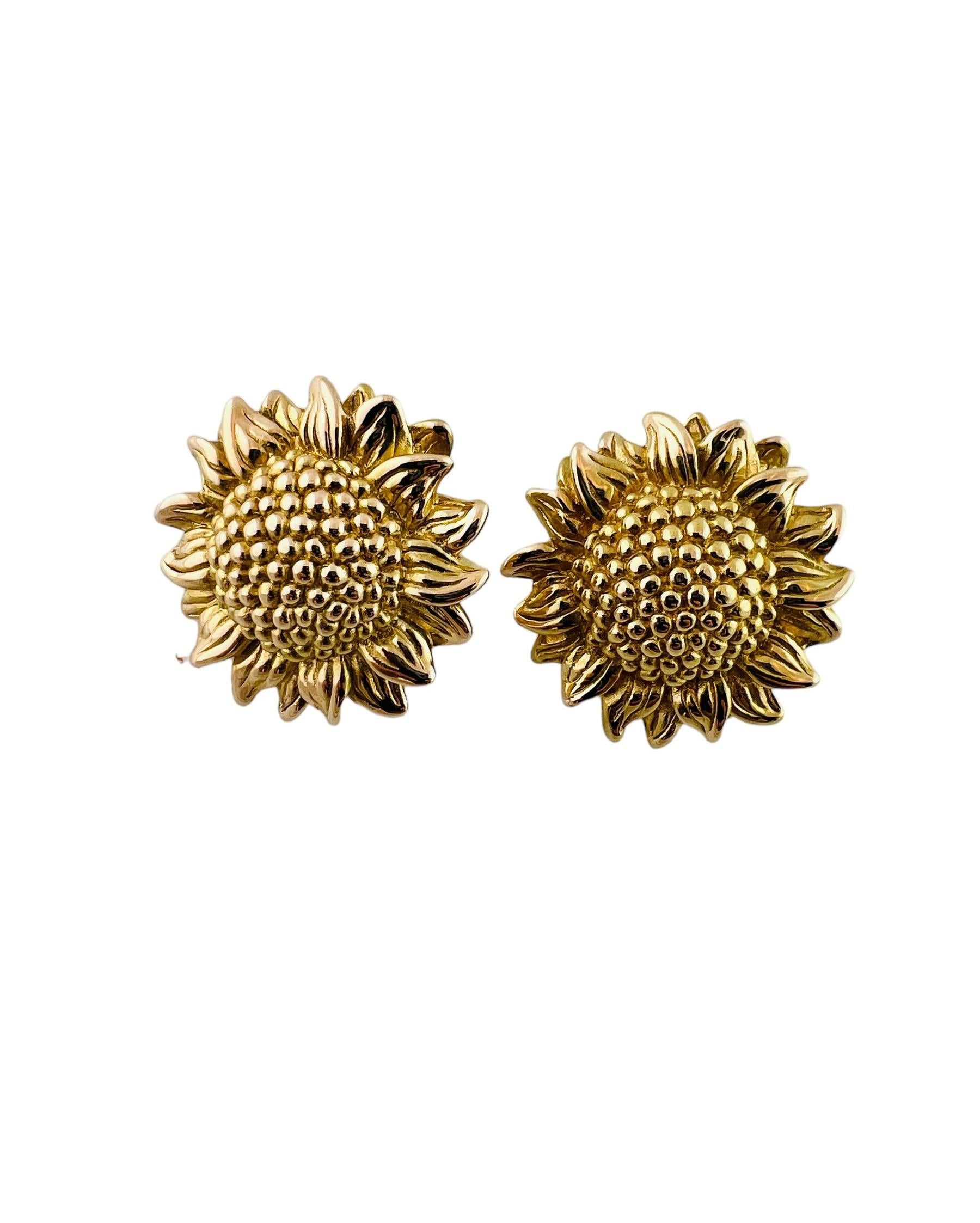 Vintage 14K Yellow Gold Sunflower Earrings w/ Sterling Silver Backs

This gorgeous set of 14K gold sunflower earrings are paired with adorable sterling silver heart earring backs!

Earring size: 29.9mm
Back size: 14.04mm X 9.98mm

Weight: 5.8 g/ 3.7