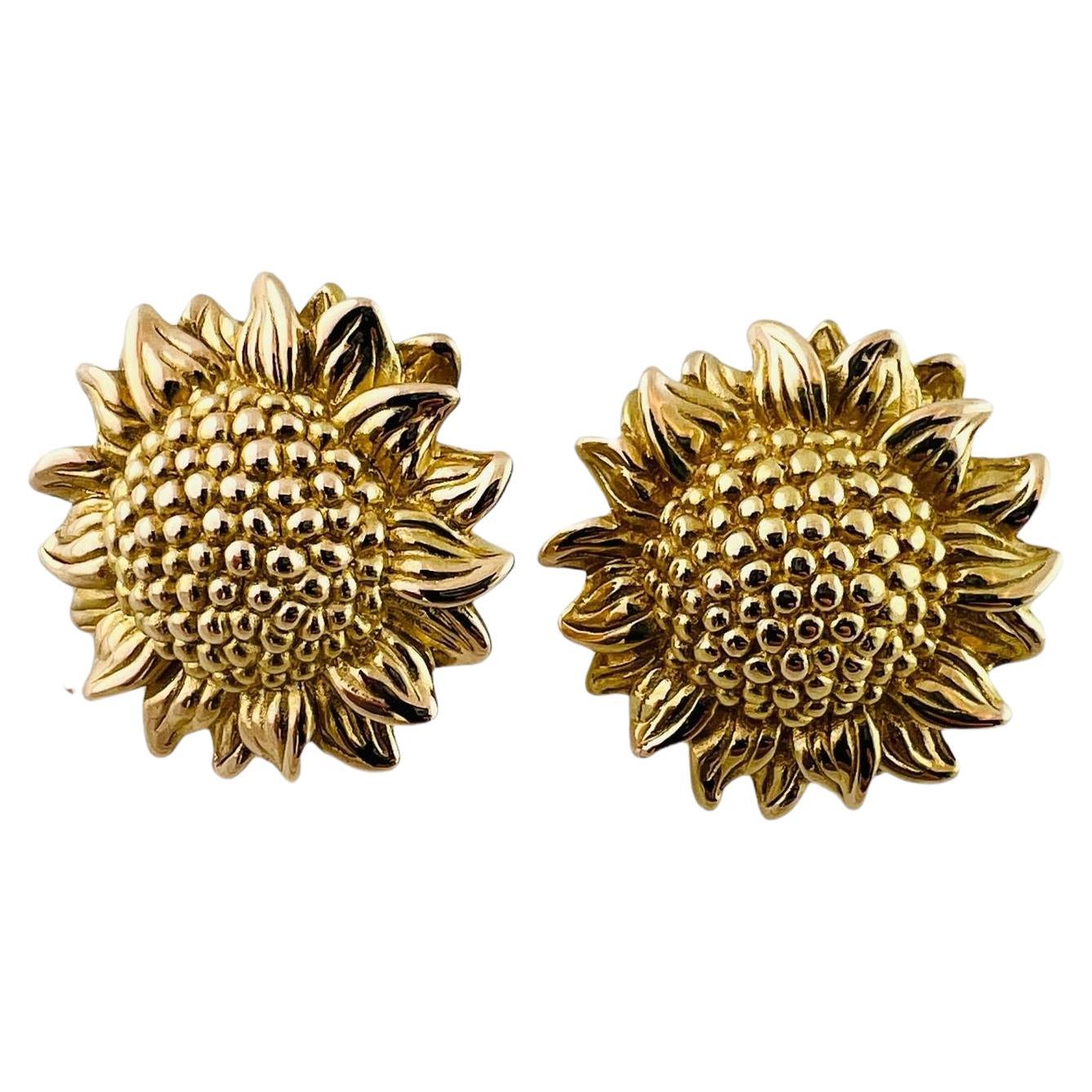 14K Yellow Gold Sunflower Earrings w/ Sterling Silver Backs #15939