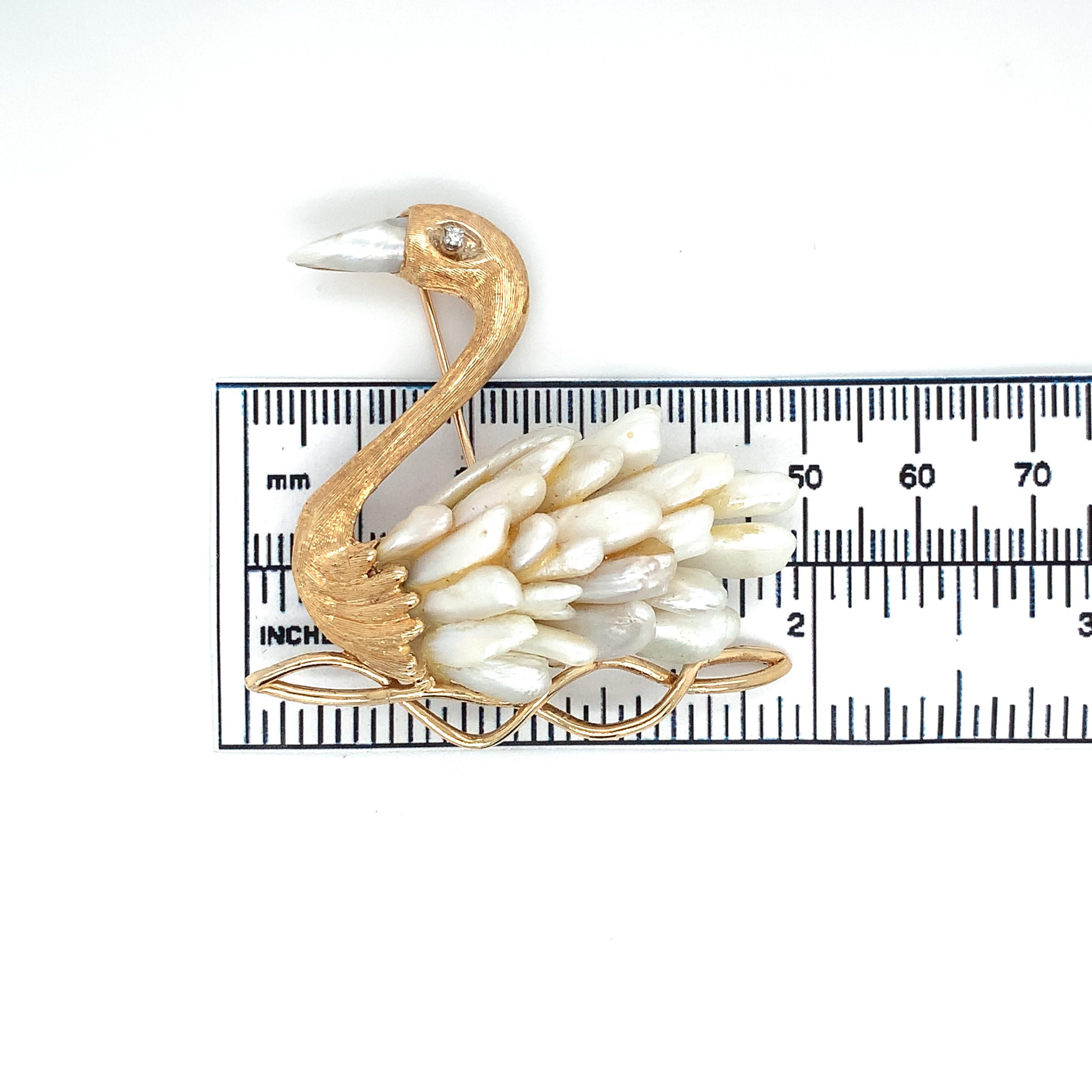 14K  Yellow Gold Swan Brooch Pin with Freshwater River Pearls For Sale 5