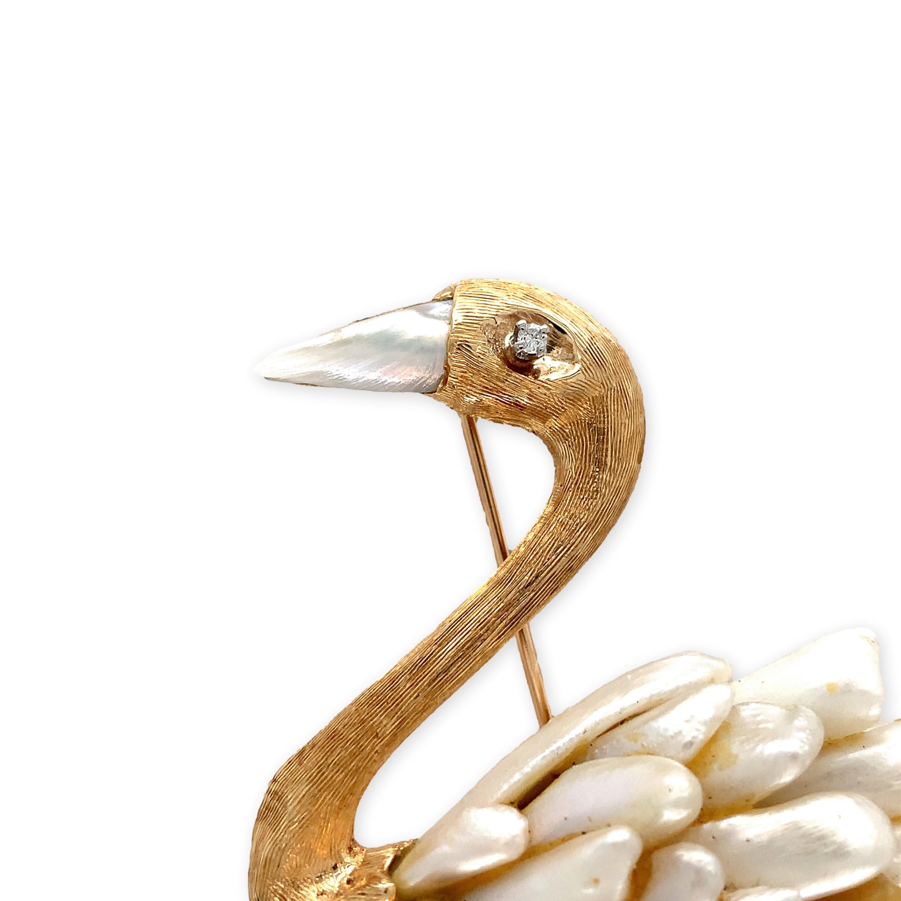 Uncut 14K  Yellow Gold Swan Brooch Pin with Freshwater River Pearls For Sale