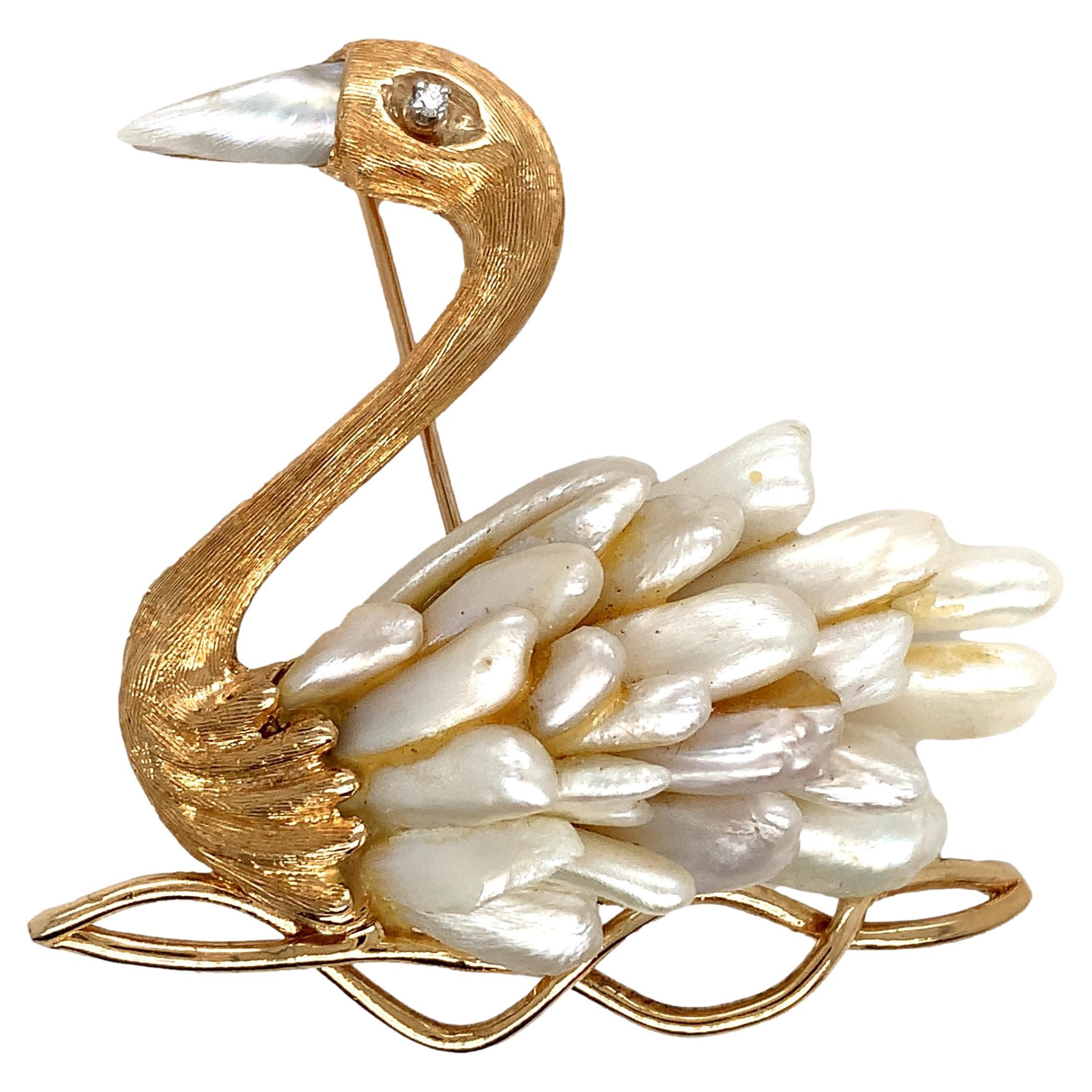14K  Alfiler broche cisne de oro amarillo con perlas de río de agua dulce