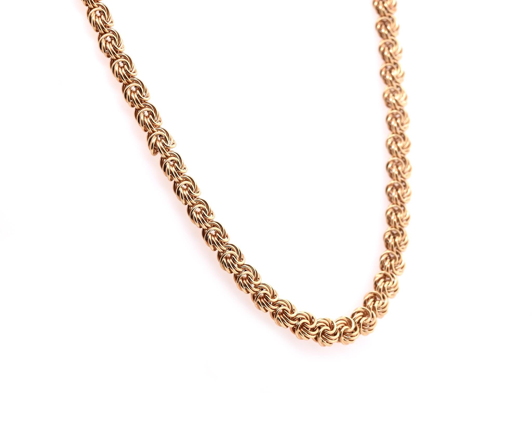 Material: 14k yellow gold
Dimensions: necklace is 18-inches long and measures 6mm in width
Weight: 13.6 grams

