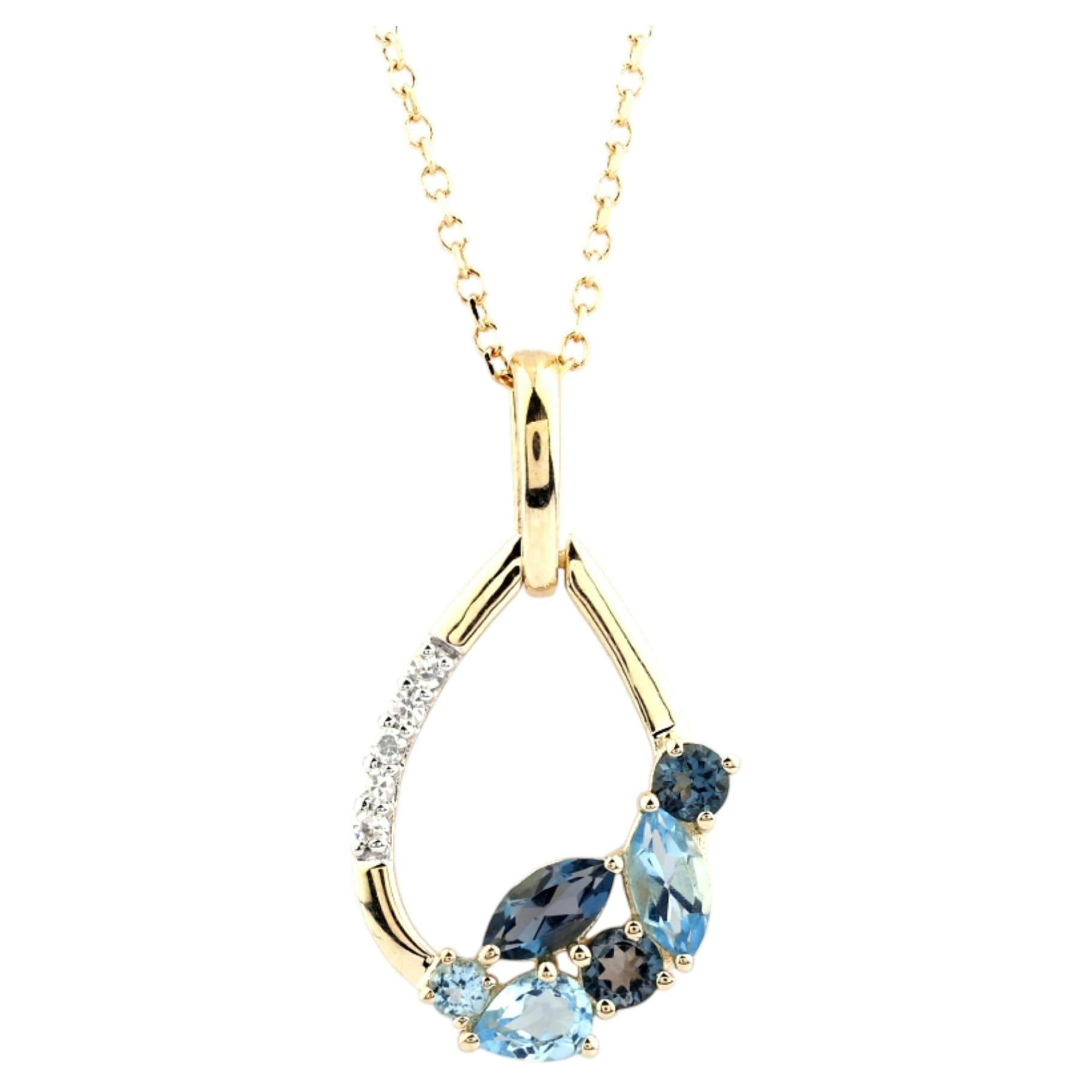 14K Yellow Gold Swiss Blue & London Blue Topaz Diamond Pendant Necklace
