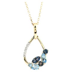 14K Yellow Gold Swiss Blue & London Blue Topaz Diamond Pendant Necklace