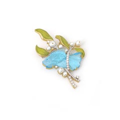 14k Yellow Gold Swiss Blue Topaz And Pearl Fish Cut Brooch With Diamonds