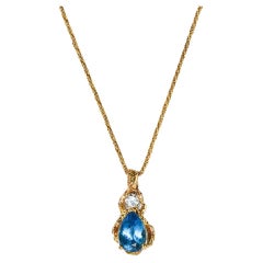 Vintage 14K Yellow Gold Swiss Blue Topaz & Diamond Necklace 0.33 ct