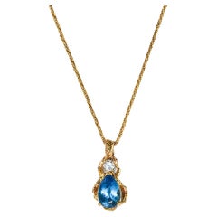 Vintage 14K Yellow Gold Swiss Blue Topaz & Diamond Necklace 0.33 ct