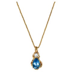 Retro 14K Yellow Gold Swiss Blue Topaz & Diamond Necklace 0.33 ct