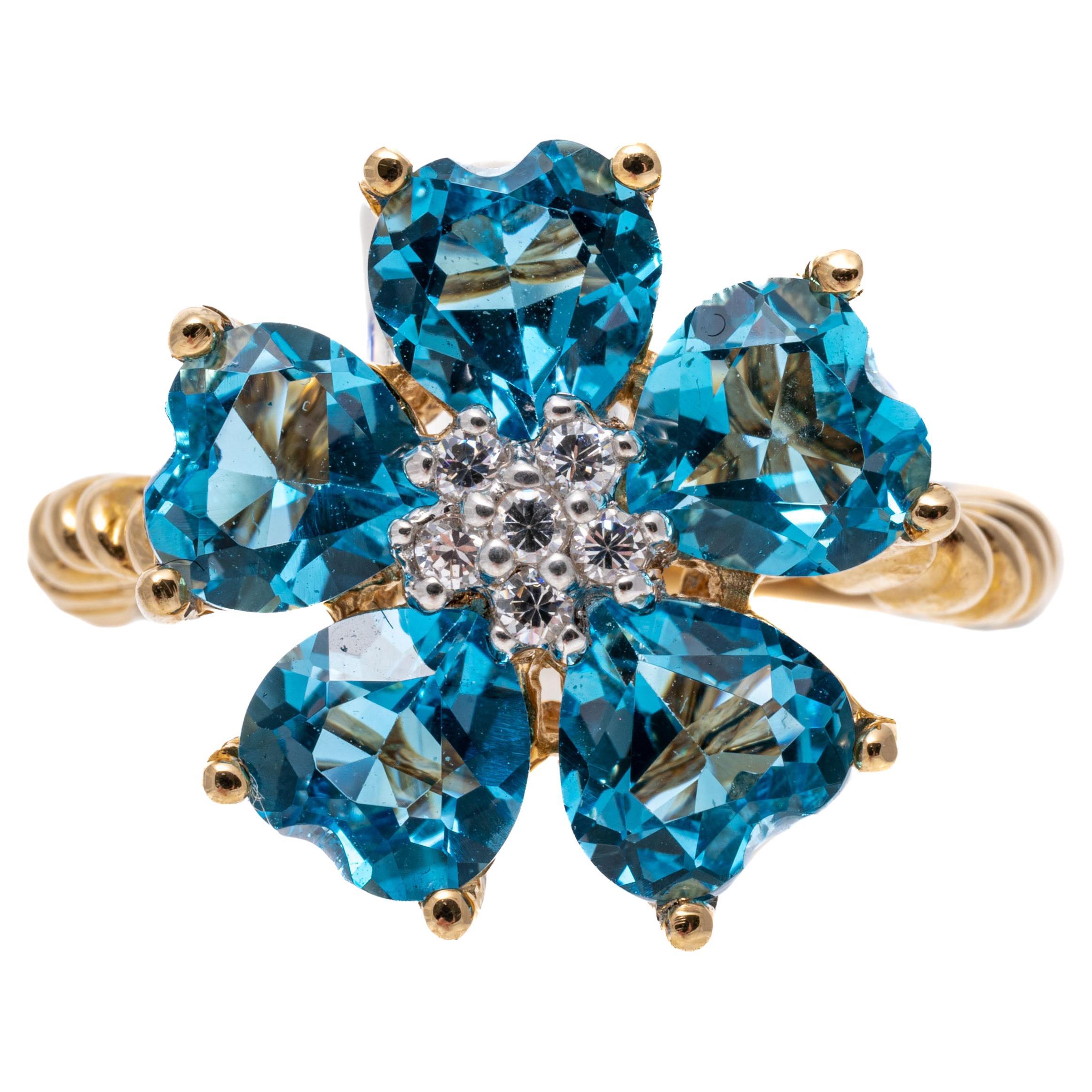 14k Yellow Gold Swiss Blue Topaz Flower Form Ring For Sale
