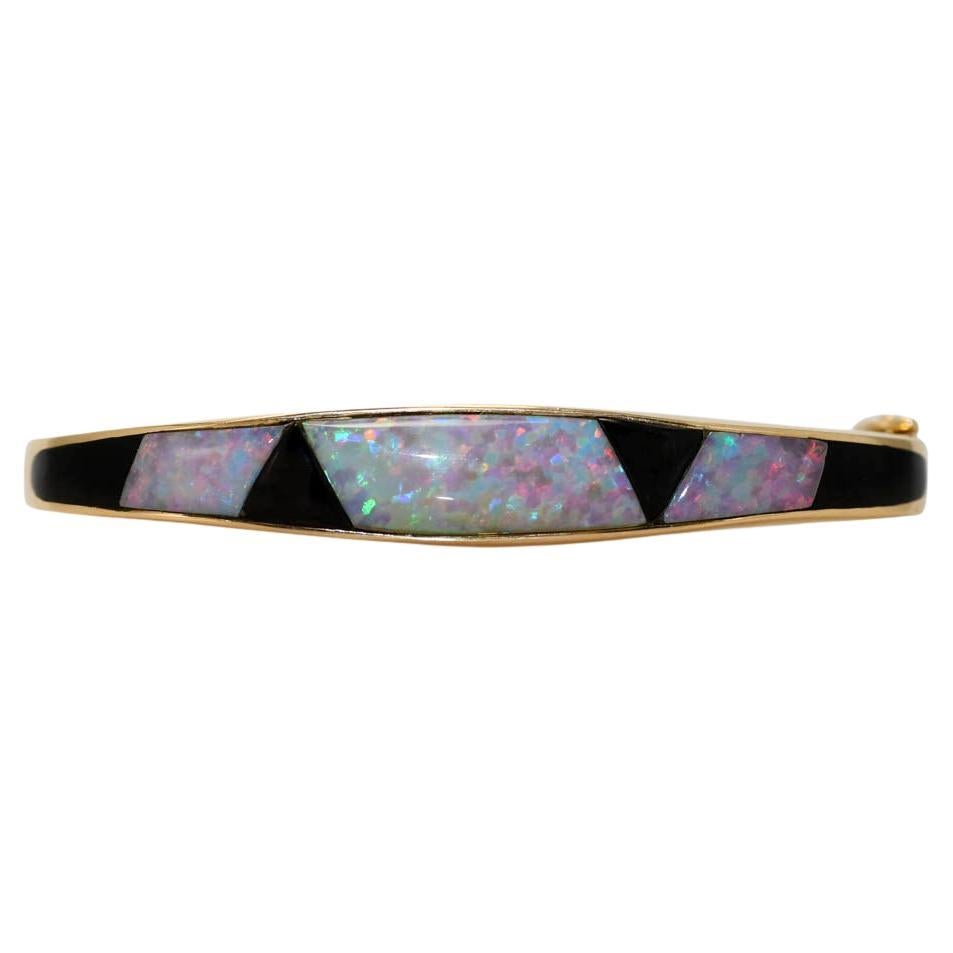 14K Yellow Gold Synthetic Opal & Onyx Bangle Bracelet 26.5g For Sale