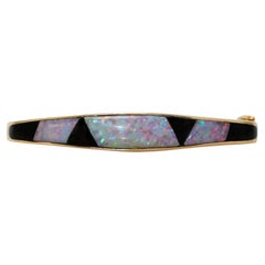 14K Yellow Gold Synthetic Opal & Onyx Bangle Bracelet 26.5g