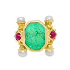14k Yellow Gold Tagliamonte Green Venetian Glass Intaglio Ring