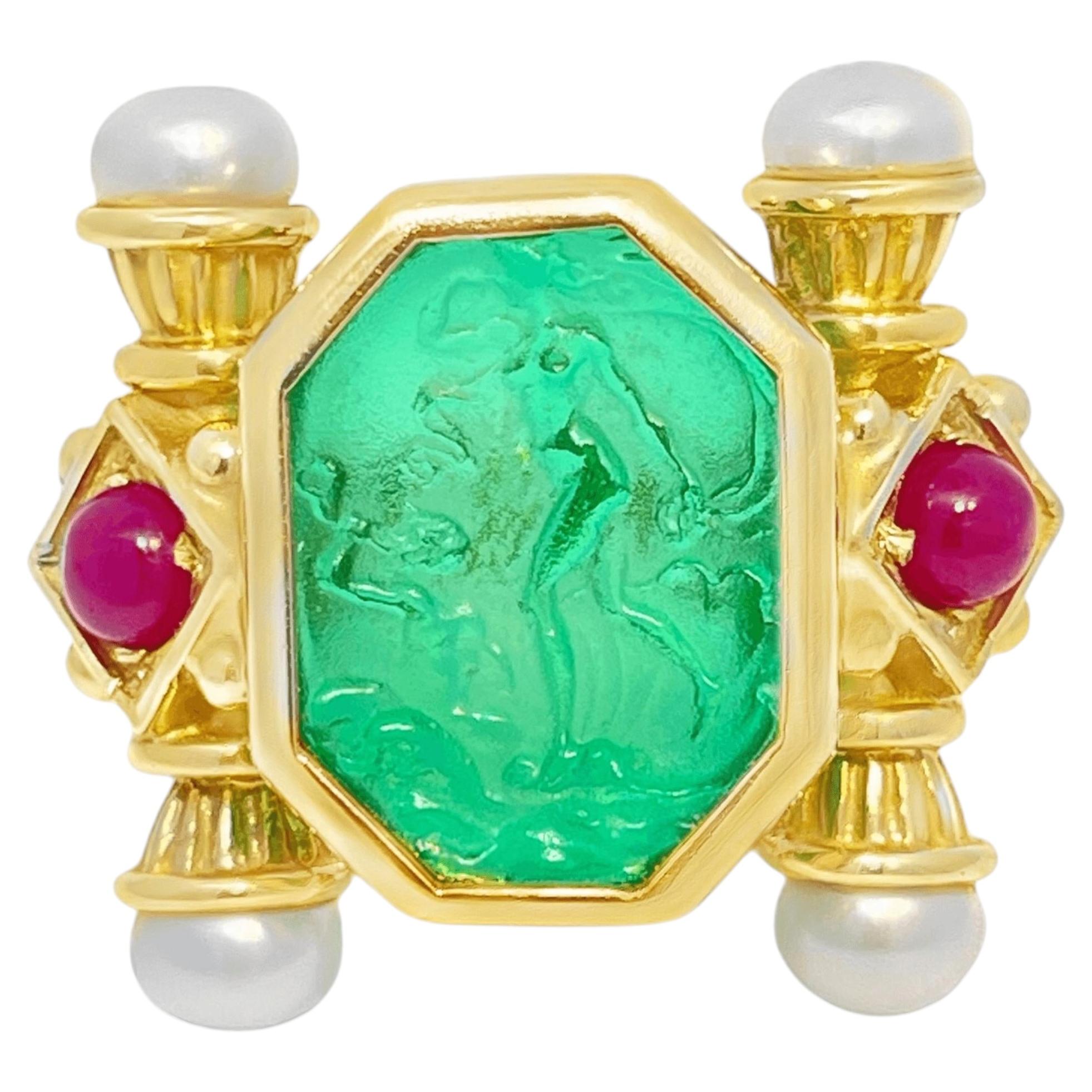 14k Gelbgold Tagliamonte Grünes Venezianisches Glas Intaglio Ring