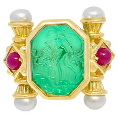 14k Yellow Gold Tagliamonte Green Venetian Glass Intaglio Ring