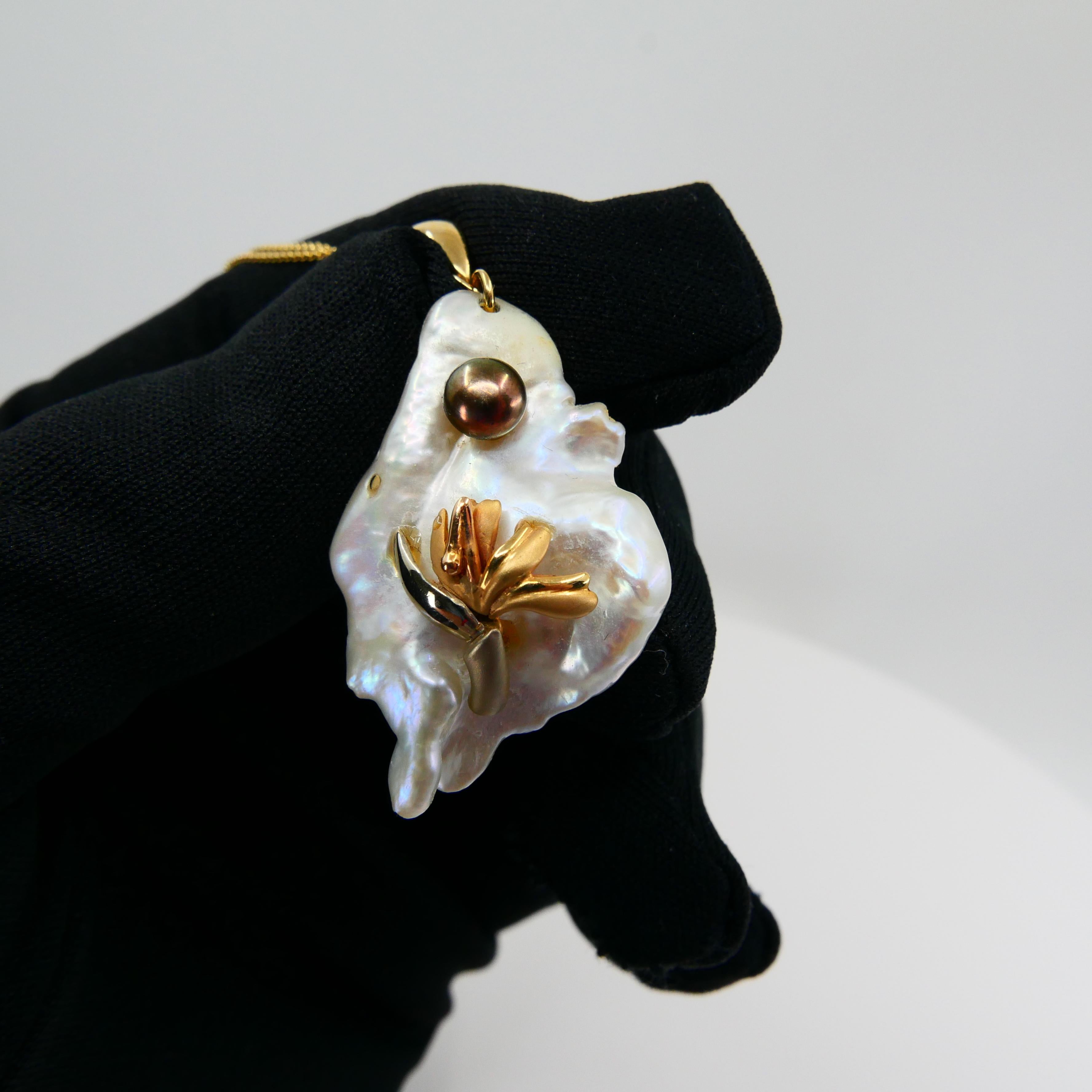 Collier pendentif en or jaune 14 carats avec pendentif en nacre de Tahiti et haute brillance en vente 7