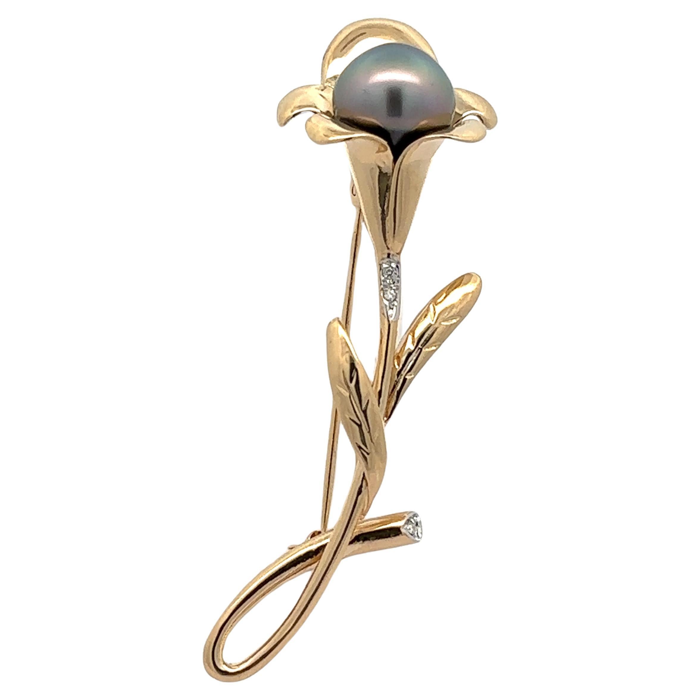 Spilla in oro giallo 14k con perla di Tahiti e diamanti The Lilly