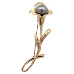 14k Yellow Gold Tahitian Pearl & Diamond Calla Lilly Pin Brooch