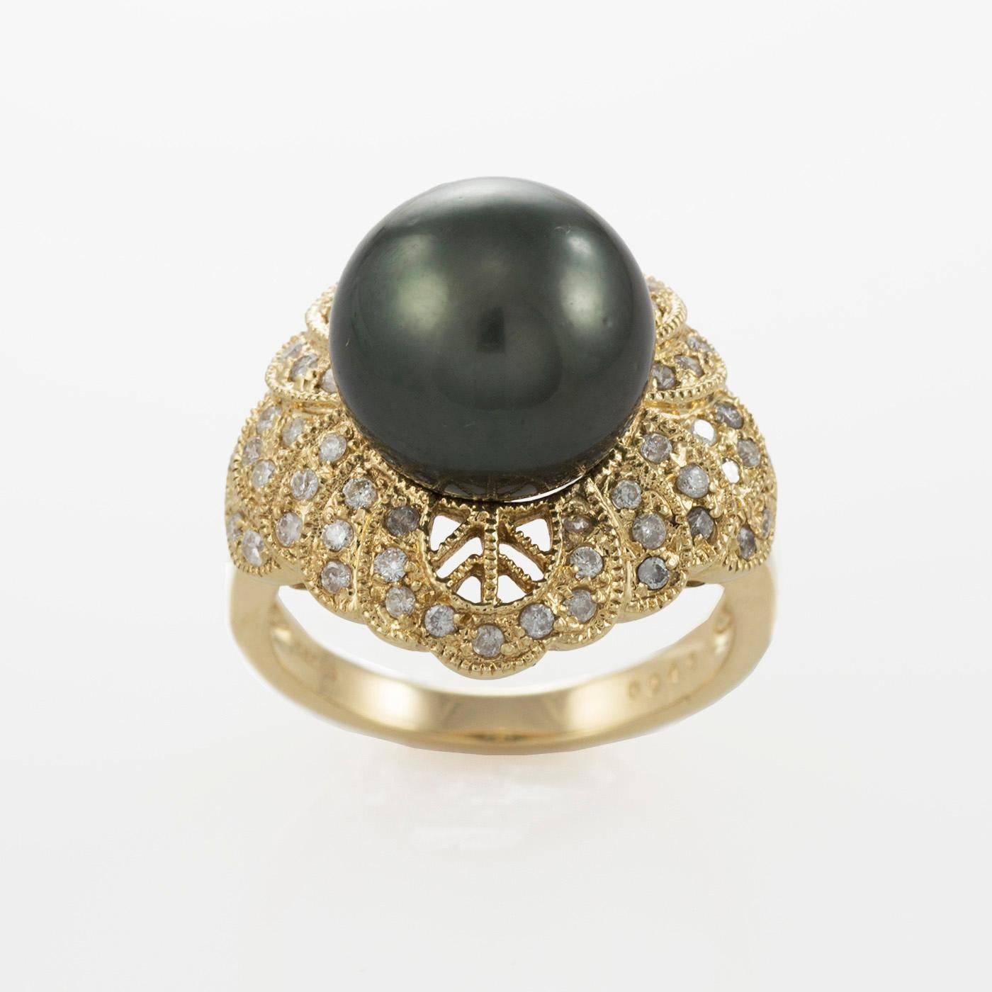 14k Yellow Gold Tahitian Pearl & Diamond Ring  For Sale 5
