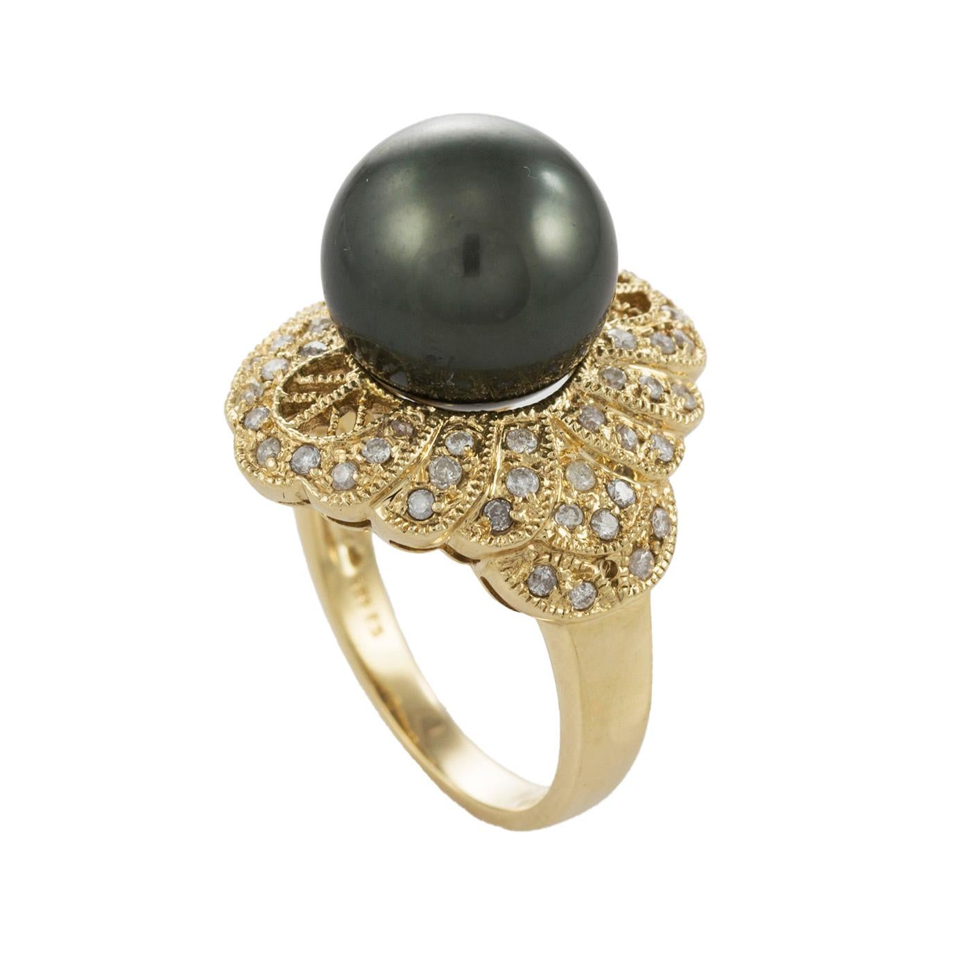 Bead 14k Yellow Gold Tahitian Pearl & Diamond Ring  For Sale