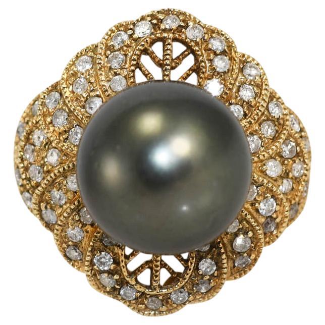 14k Yellow Gold Tahitian Pearl & Diamond Ring 