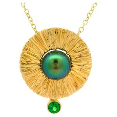 14k Yellow Gold Tahitian Pearl 
Tsavorite Round Textured Slide Pendant Necklace