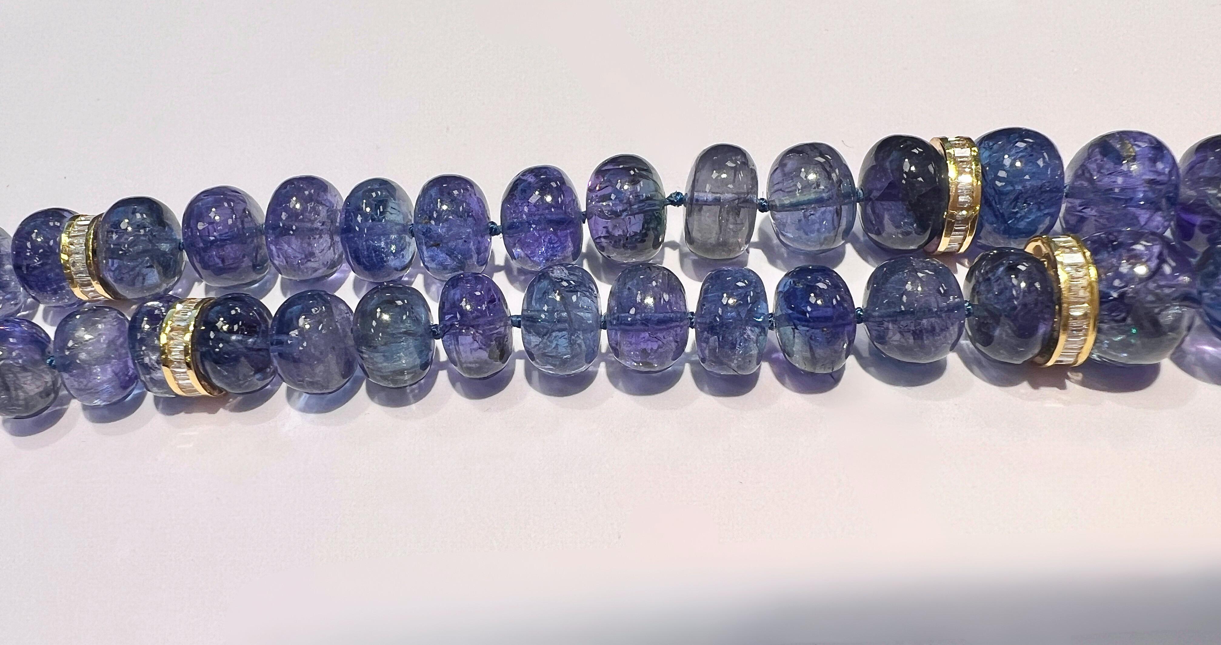 14k Yellow Gold Tanzanite and Diamond Two Strand Bead Necklace In Excellent Condition For Sale In New York, NY