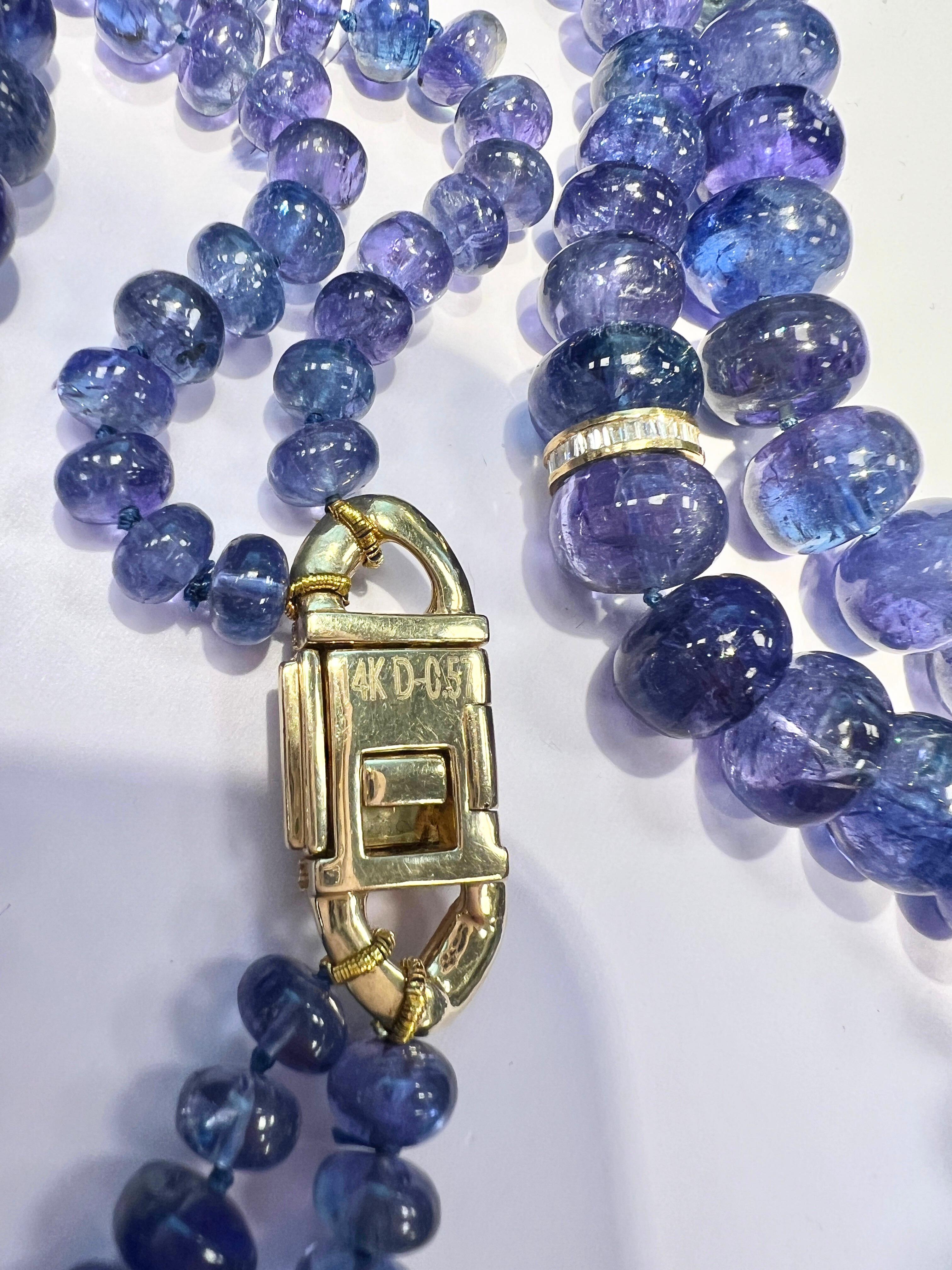 Women's 14k Yellow Gold Tanzanite and Diamond Two Strand Bead Necklace For Sale