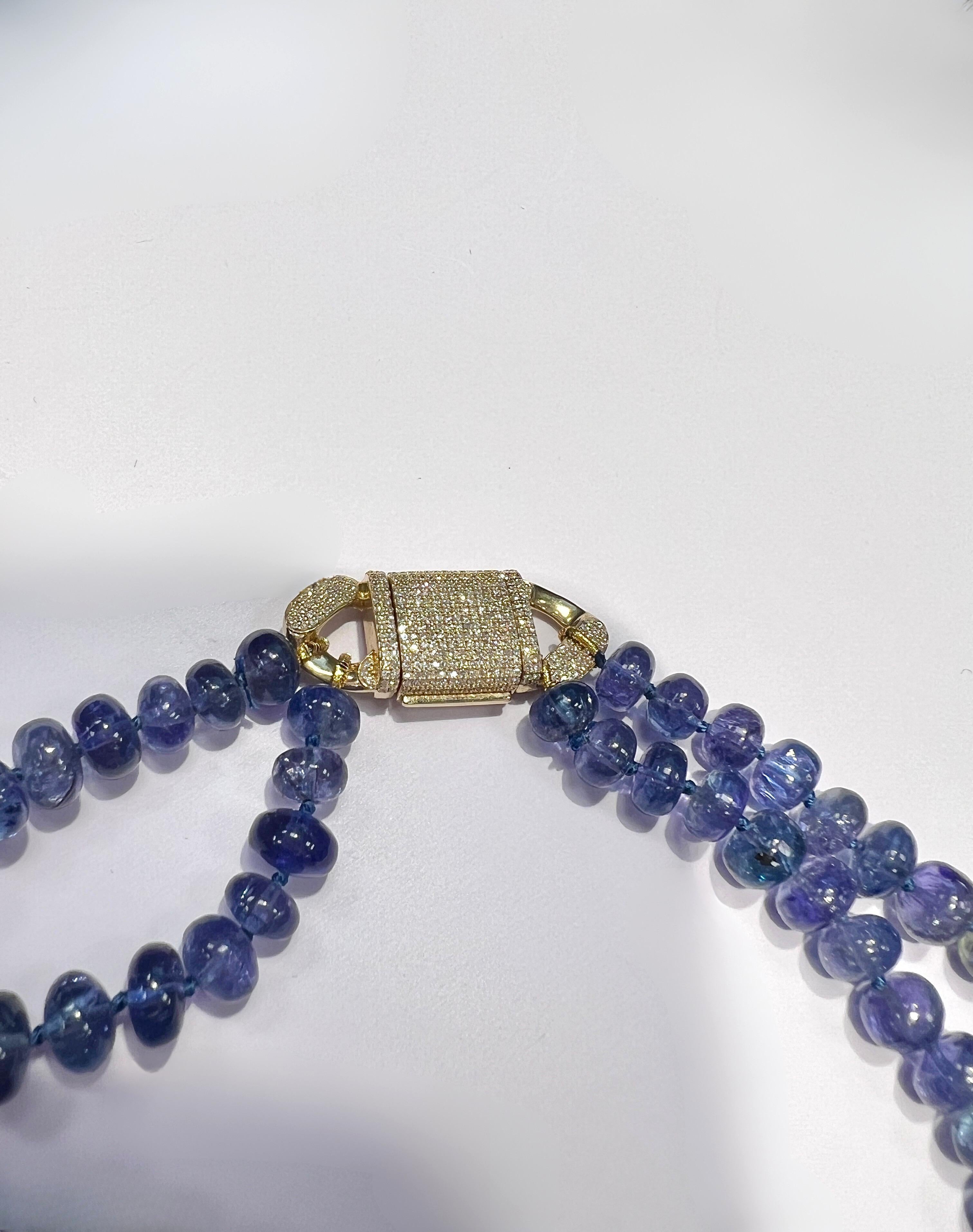 14k Yellow Gold Tanzanite and Diamond Two Strand Bead Necklace For Sale 1