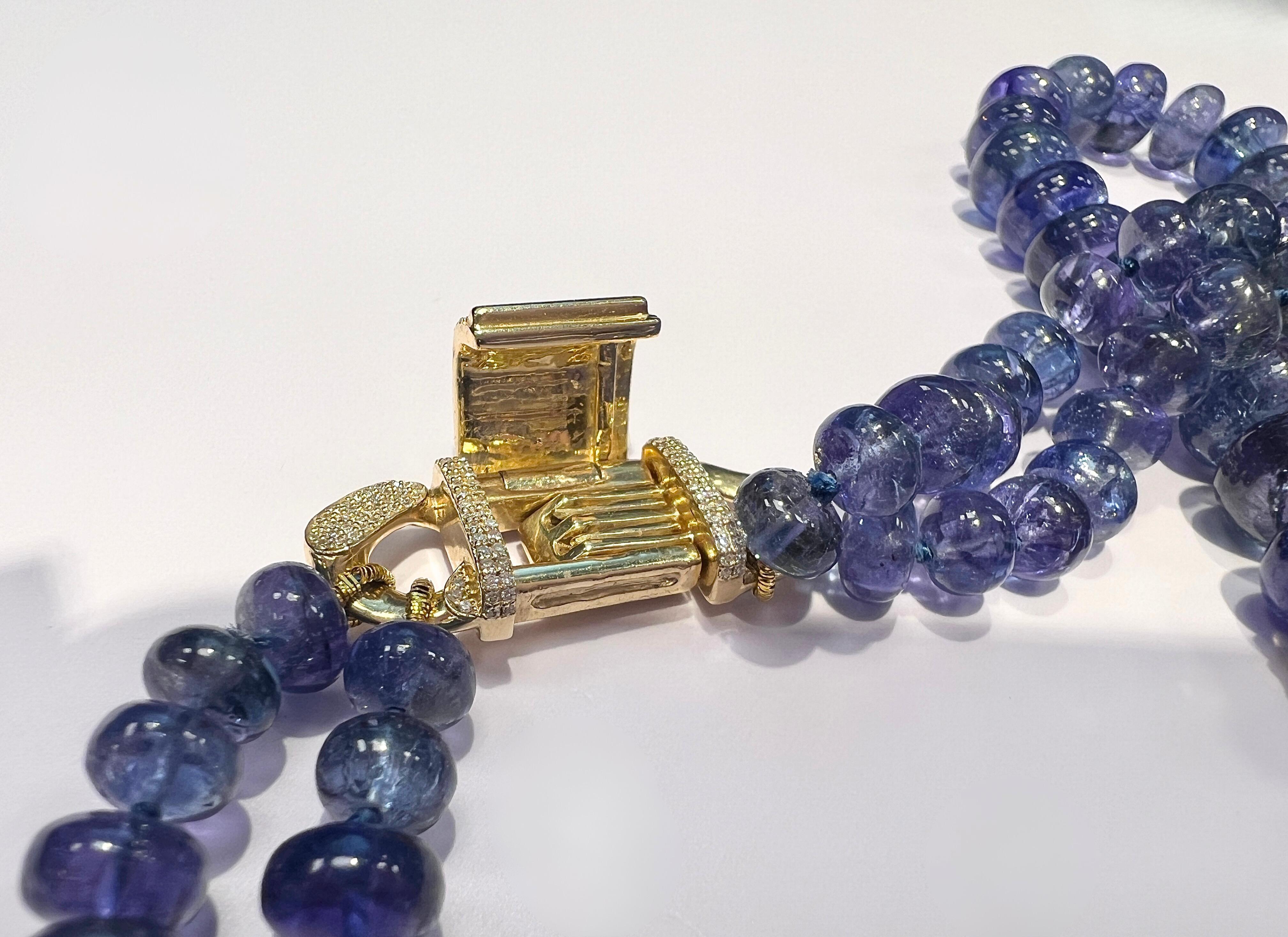 14k Yellow Gold Tanzanite and Diamond Two Strand Bead Necklace For Sale 2
