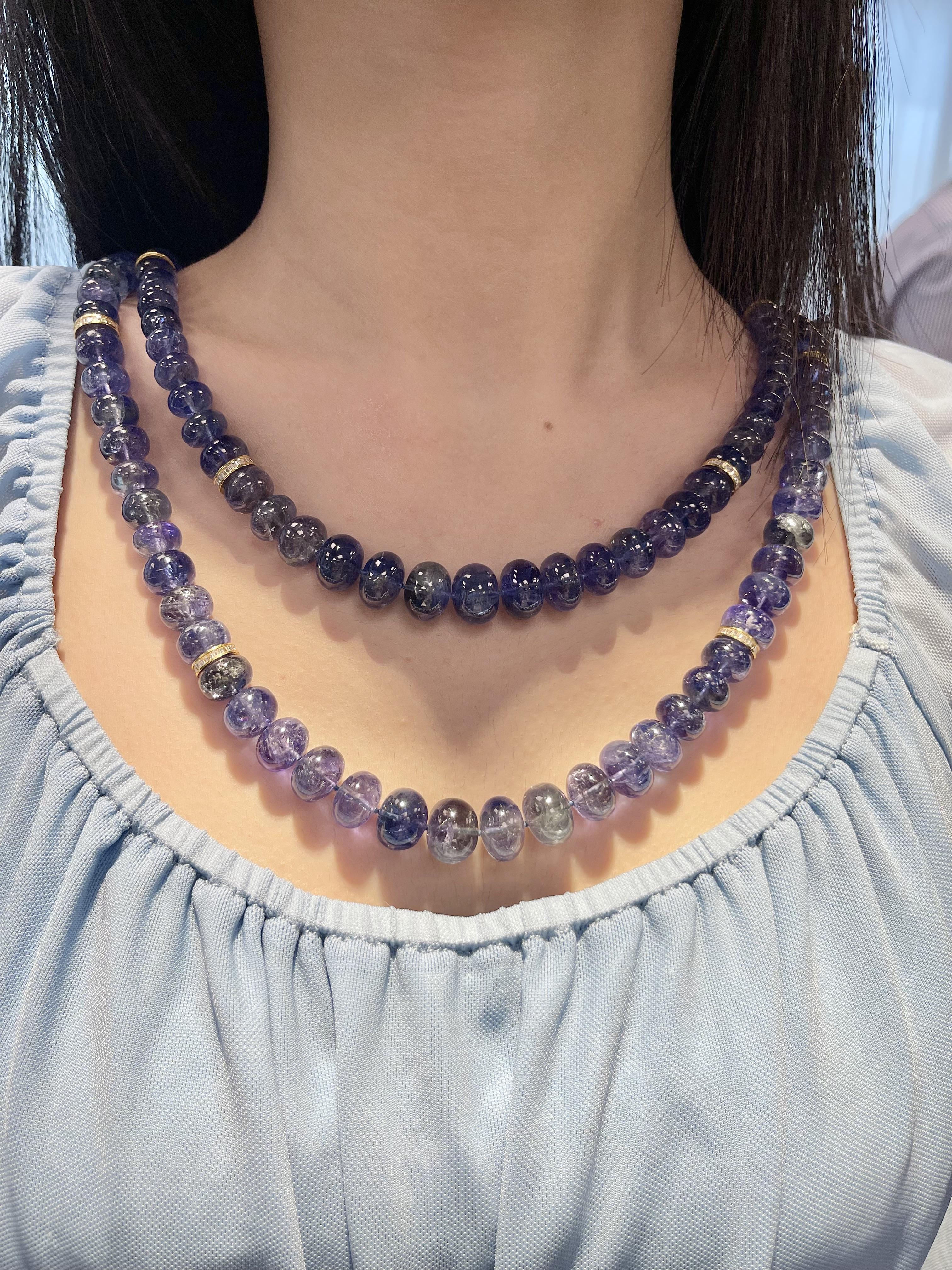 14k Yellow Gold Tanzanite and Diamond Two Strand Bead Necklace For Sale 3
