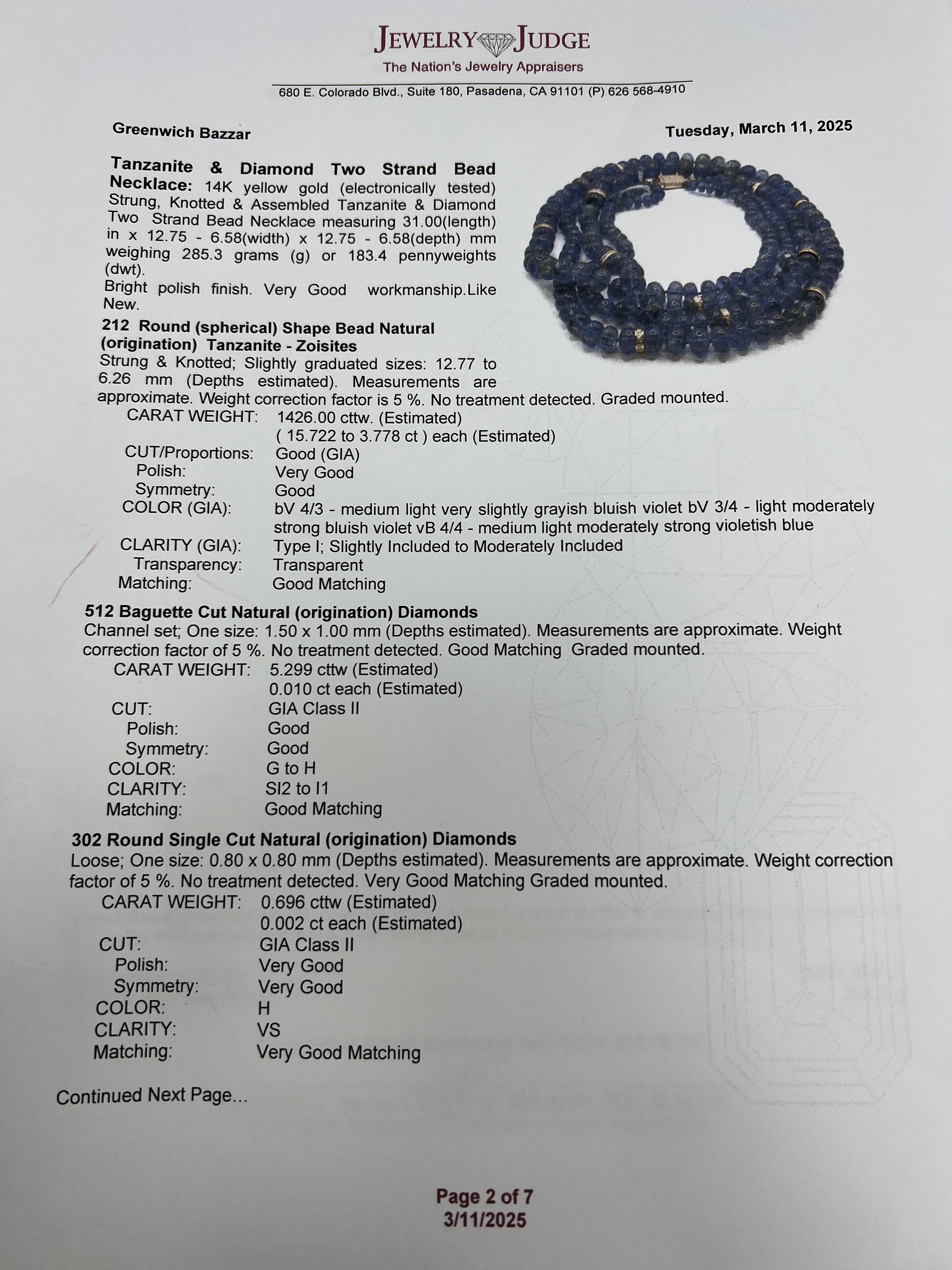 14k Yellow Gold Tanzanite and Diamond Two Strand Bead Necklace For Sale 5