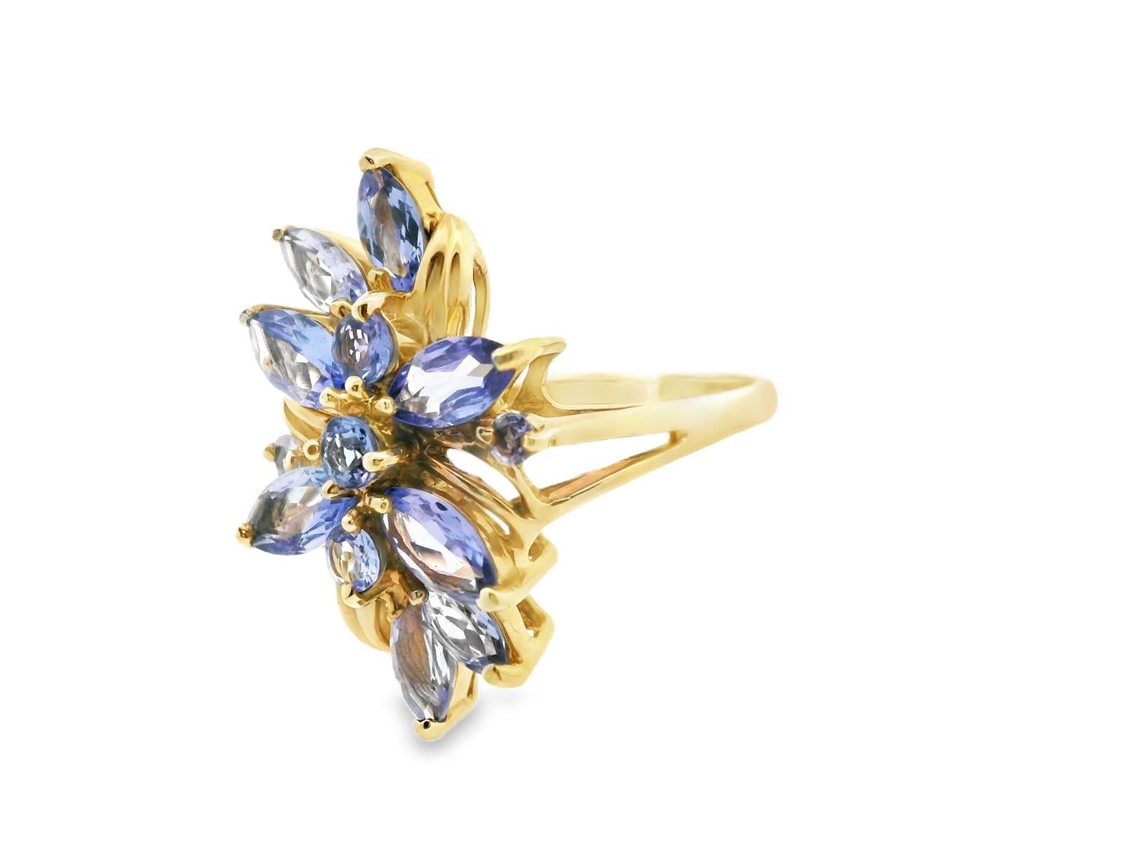 14k Gelbgold Tansanit Cluster-Ring Damen im Angebot