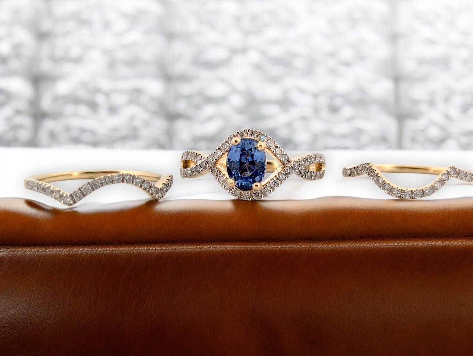 Modern Isla  14K Yellow Gold Tanzanite & Diamond Wedding Set  .70 CT Oval Tanzanite For Sale