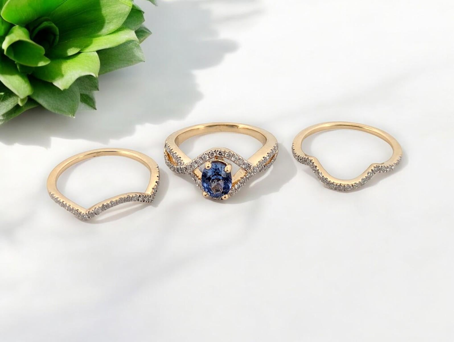 Square Cut Isla  14K Yellow Gold Tanzanite & Diamond Wedding Set  .70 CT Oval Tanzanite For Sale