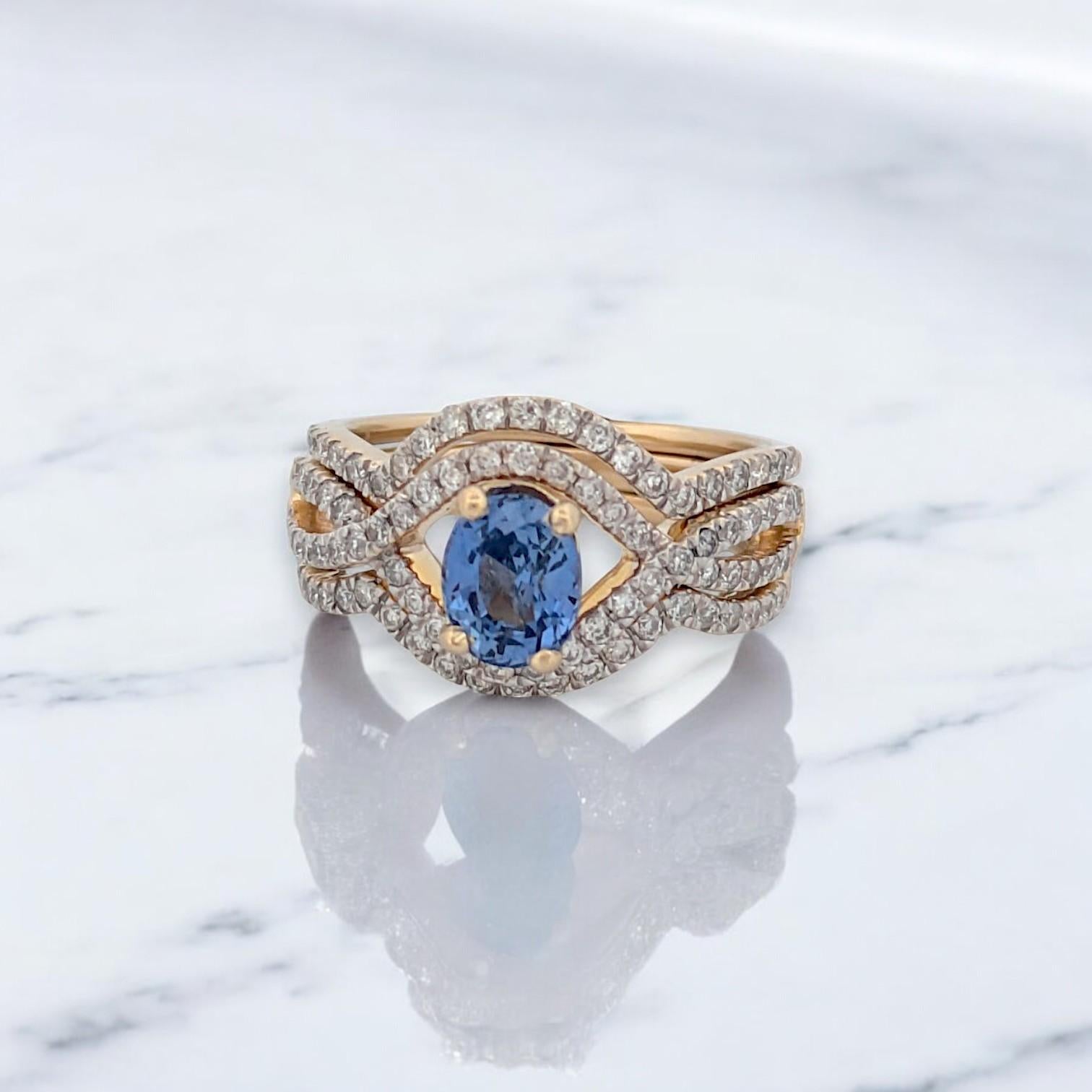 Isla  14K Yellow Gold Tanzanite & Diamond Wedding Set  .70 CT Oval Tanzanite For Sale 1