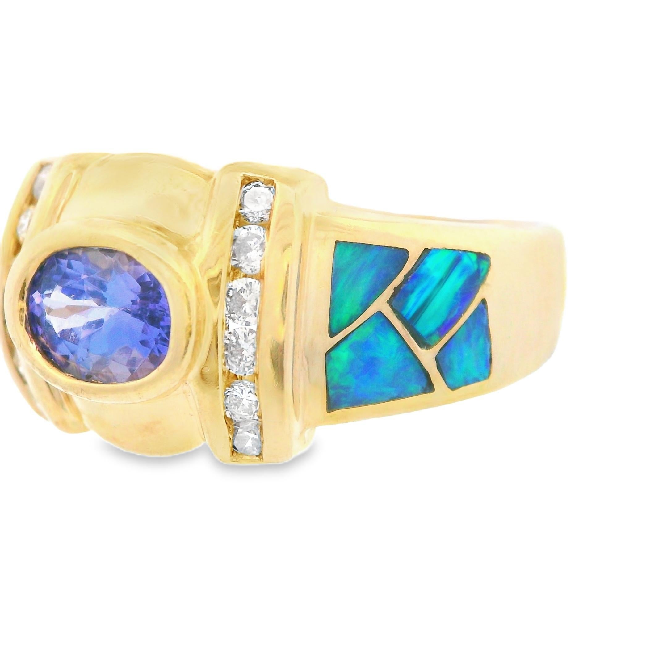 Oval Cut 14k Yellow Gold Tanzanite, Inlay Opal & Diamond Ring For Sale