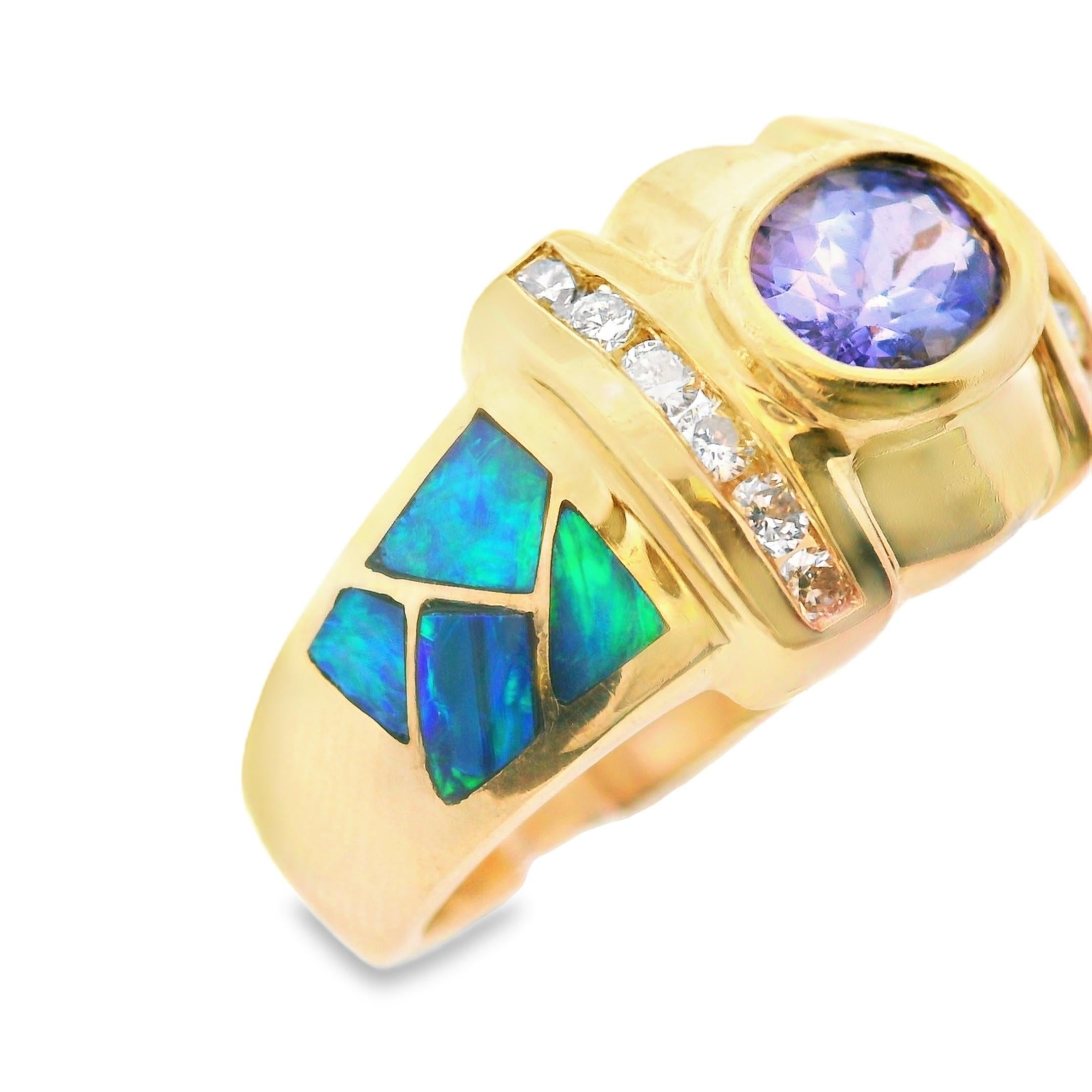 14k Yellow Gold Tanzanite, Inlay Opal & Diamond Ring In Good Condition For Sale In Lexington, KY