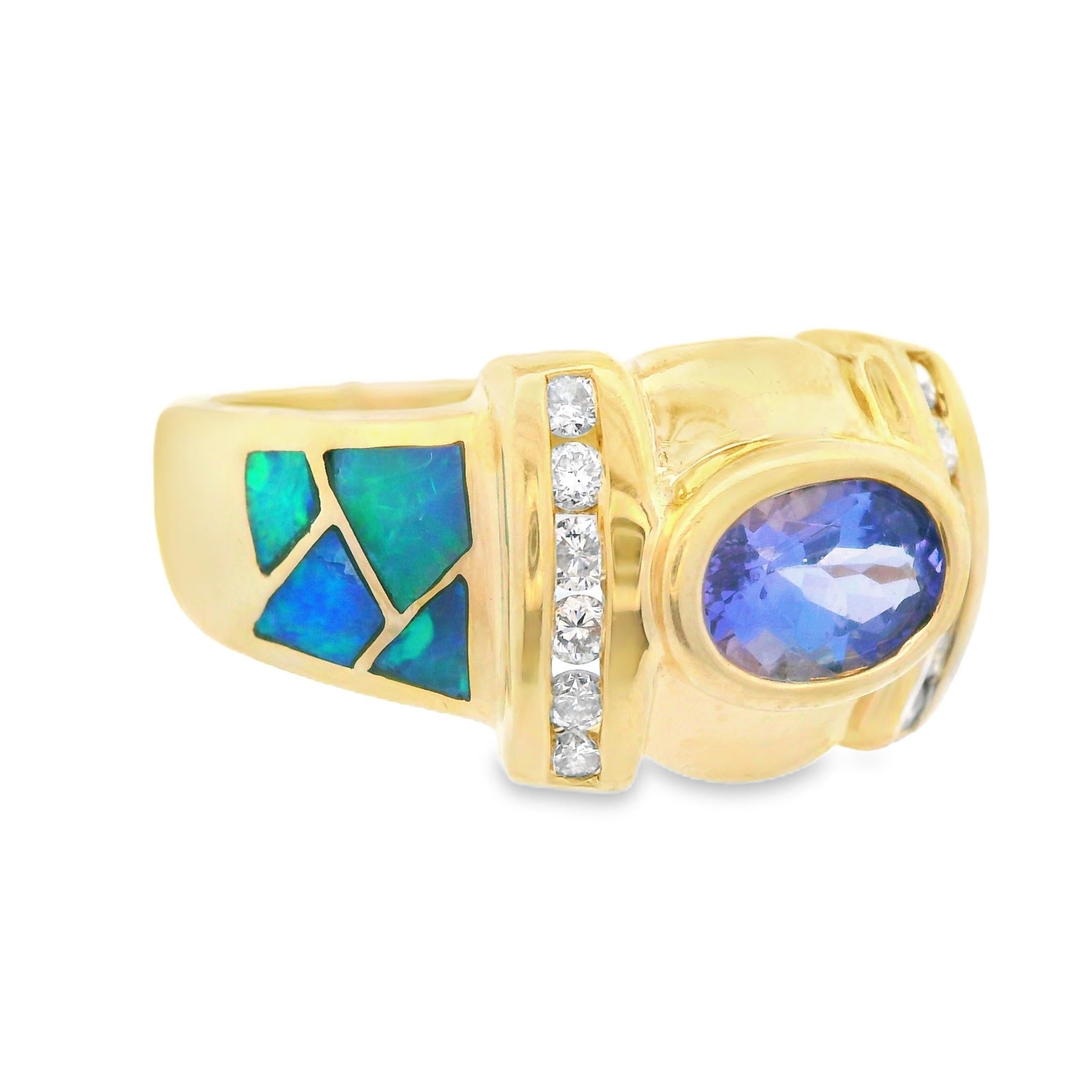Women's 14k Yellow Gold Tanzanite, Inlay Opal & Diamond Ring For Sale