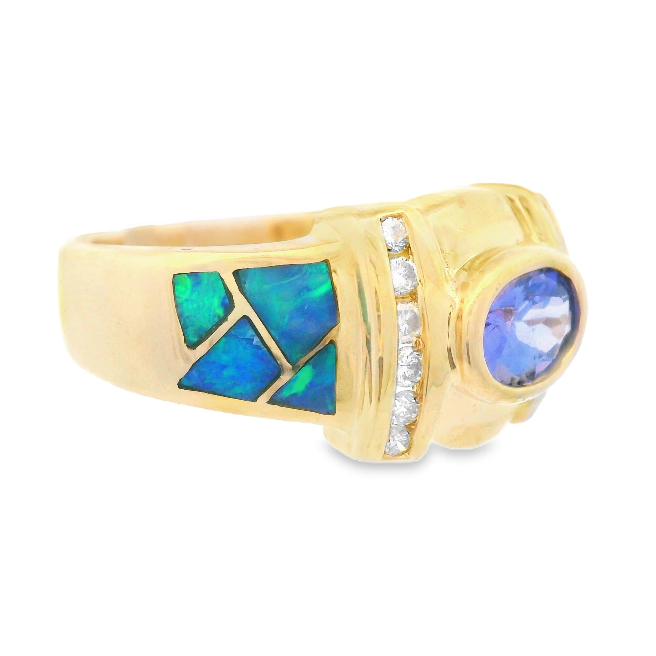 14k Yellow Gold Tanzanite, Inlay Opal & Diamond Ring For Sale 1