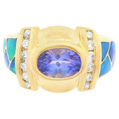14k Yellow Gold Tanzanite, Inlay Opal & Diamond Ring